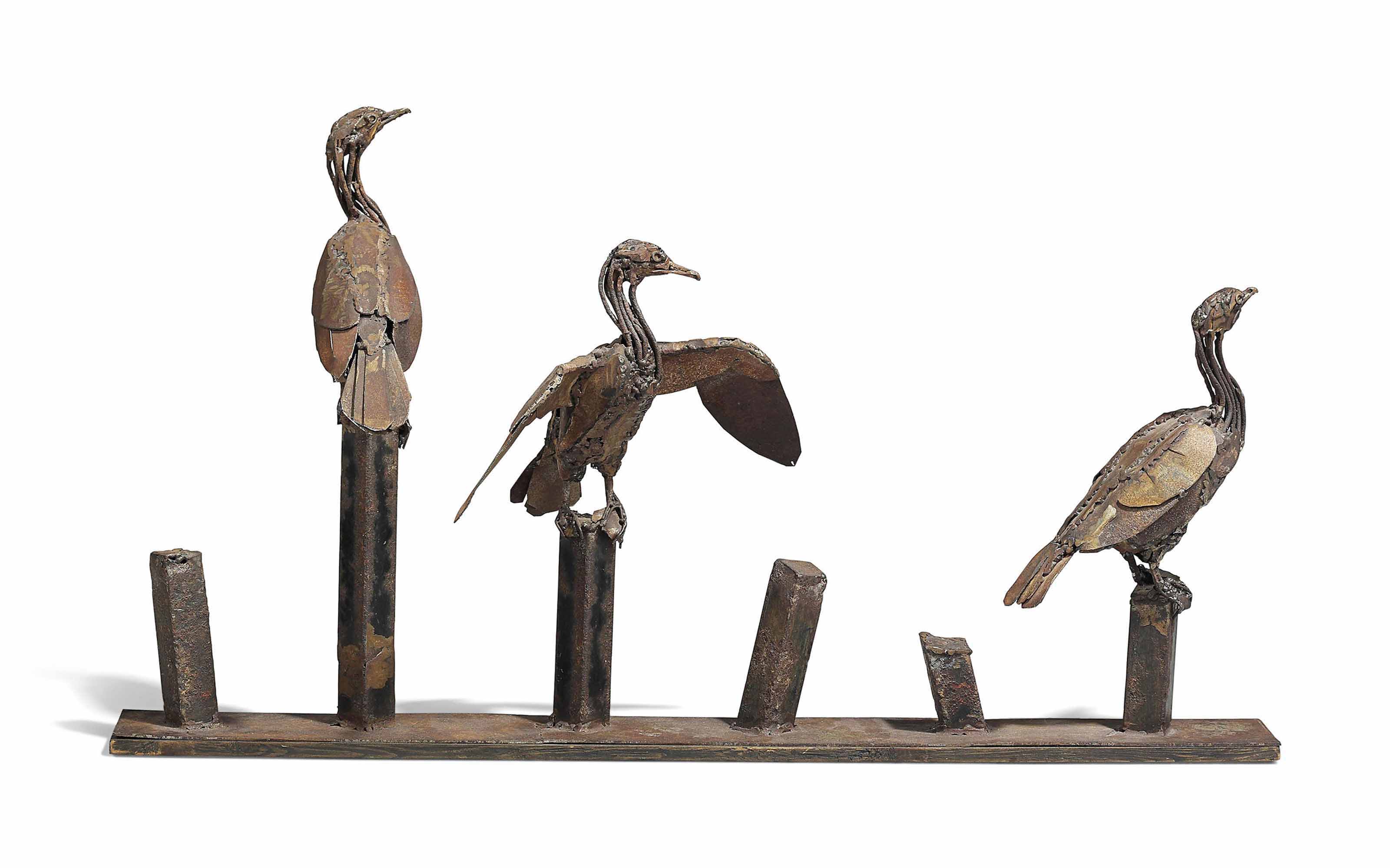 Harriet Mead (b. 1969) , Three cormorants sitting on groyne posts