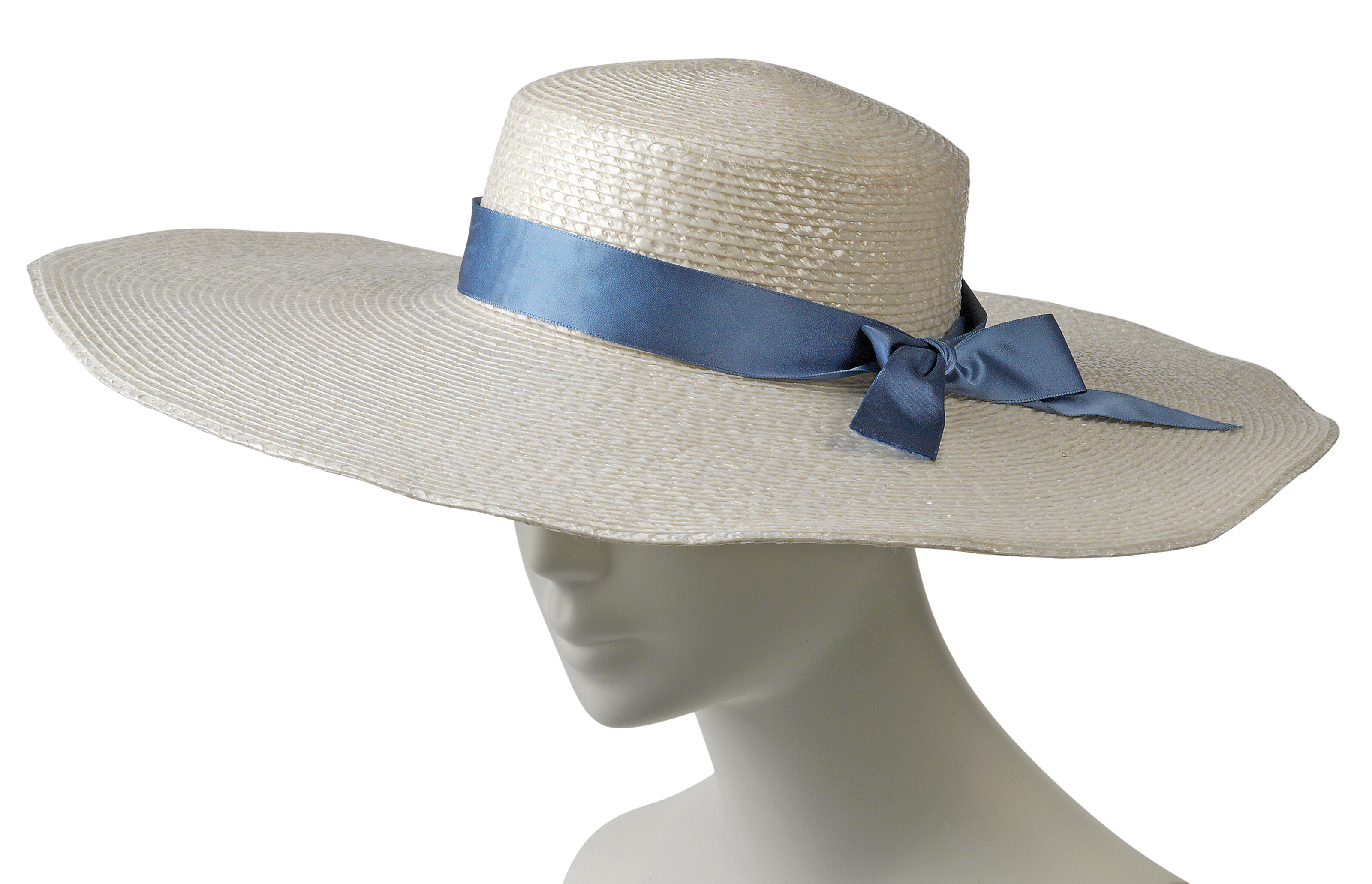 A WIDE BRIMMED WHITE STRAW HAT 