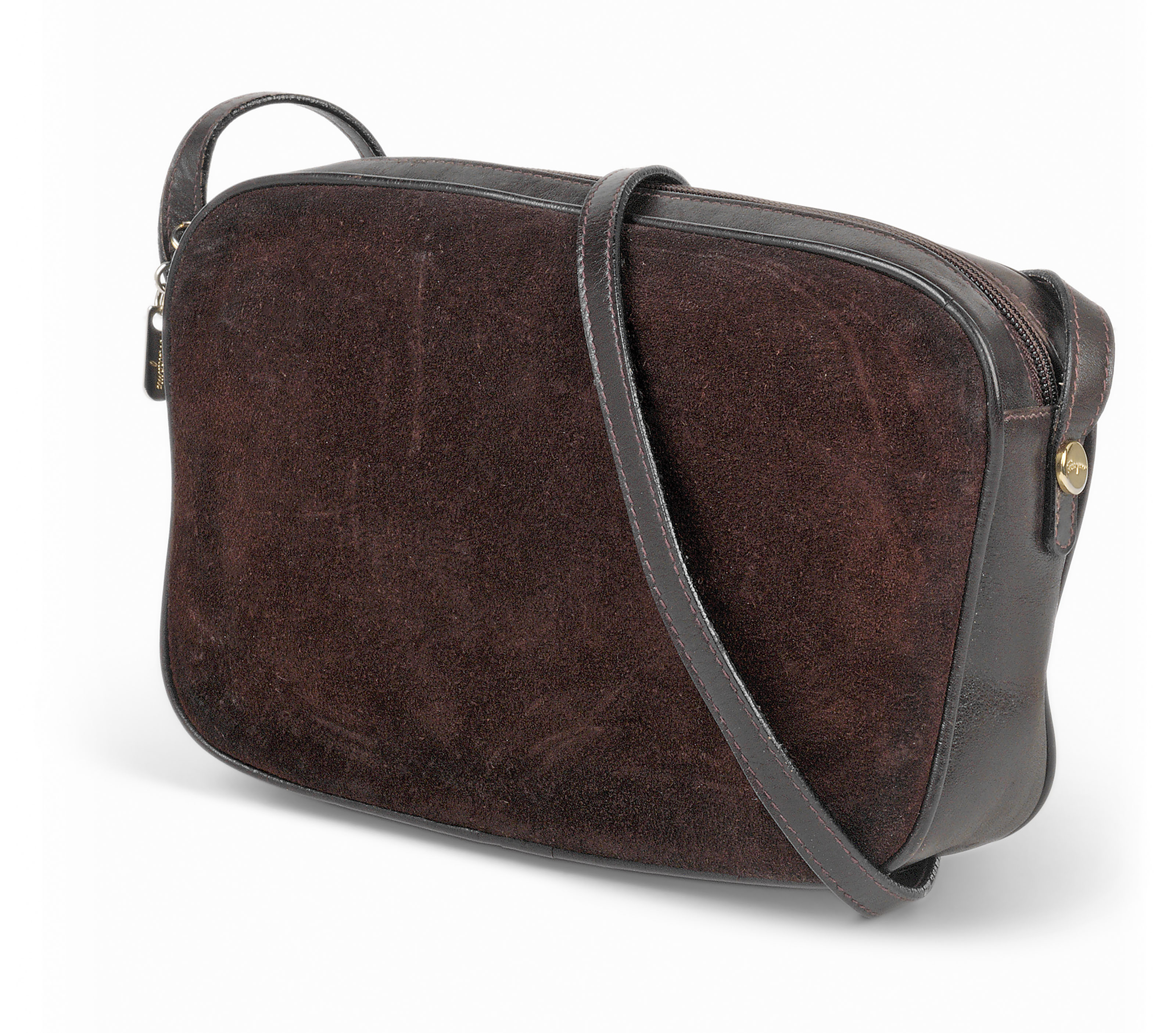 A BURGUNDY SUEDE SHOULDER BAG AND ANOTHER IN BROWN SUEDE