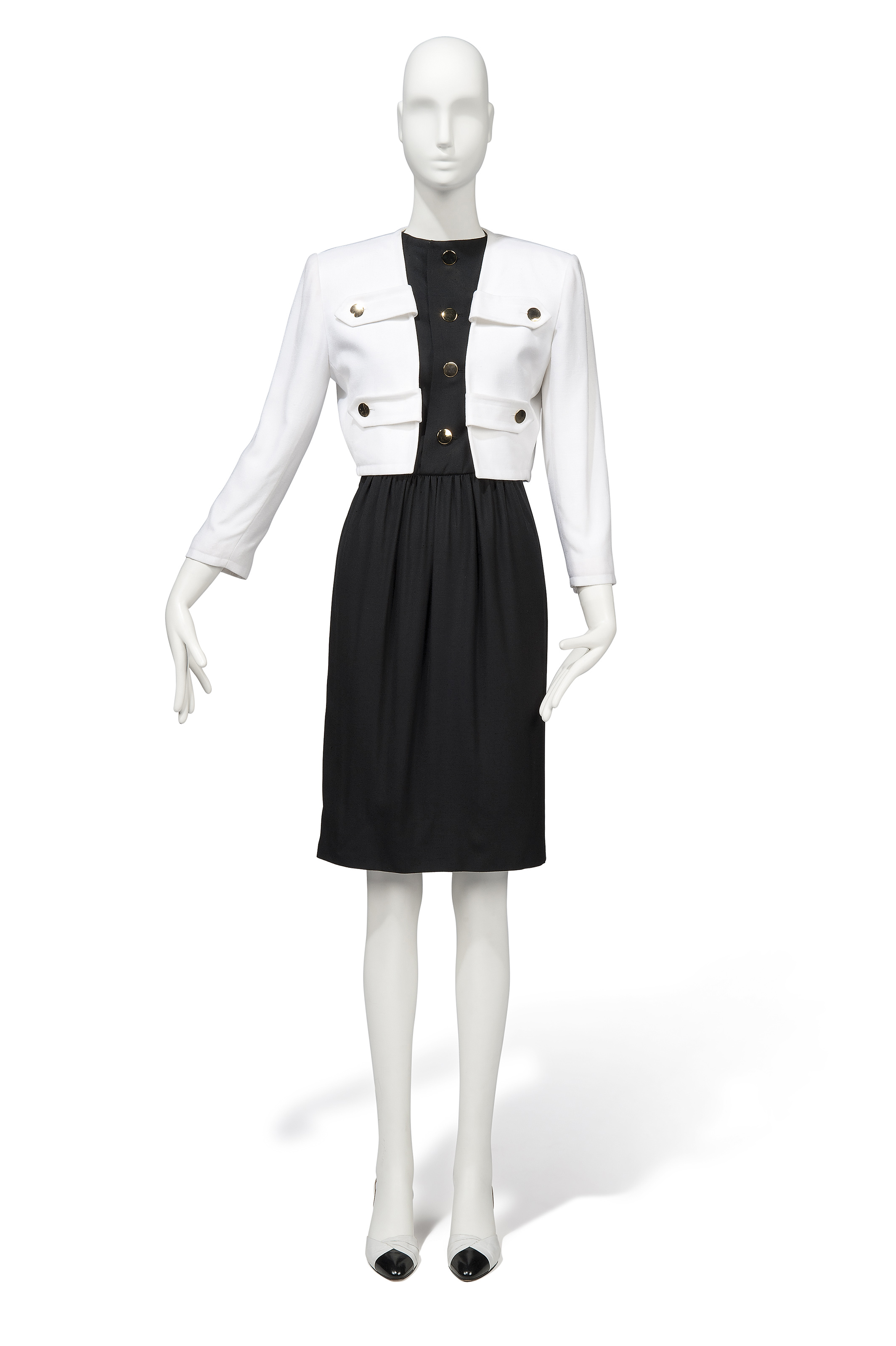 A BLACK DRESS AND WHITE SHORT JACKET, BOTH LABELLED GIVENCHY NOUVELLE  BOUTIQUE, 1980s | Christie's