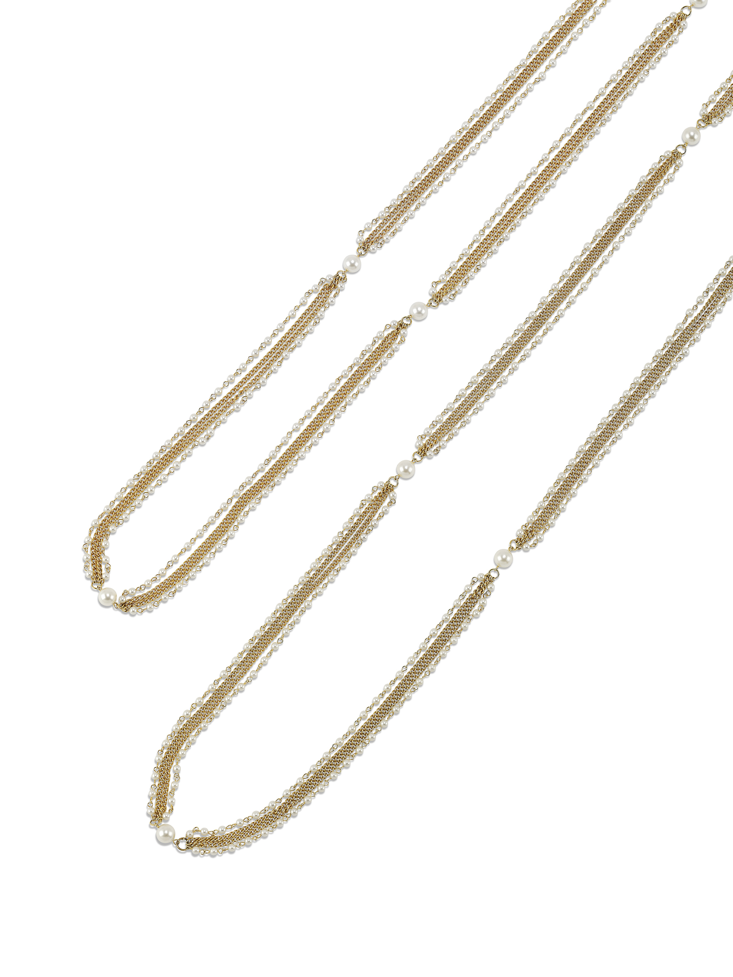 TWO GILT CHAIN AND SIMULATED PEARL SAUTOIR NECKLACES, UNMARKED, 1980s