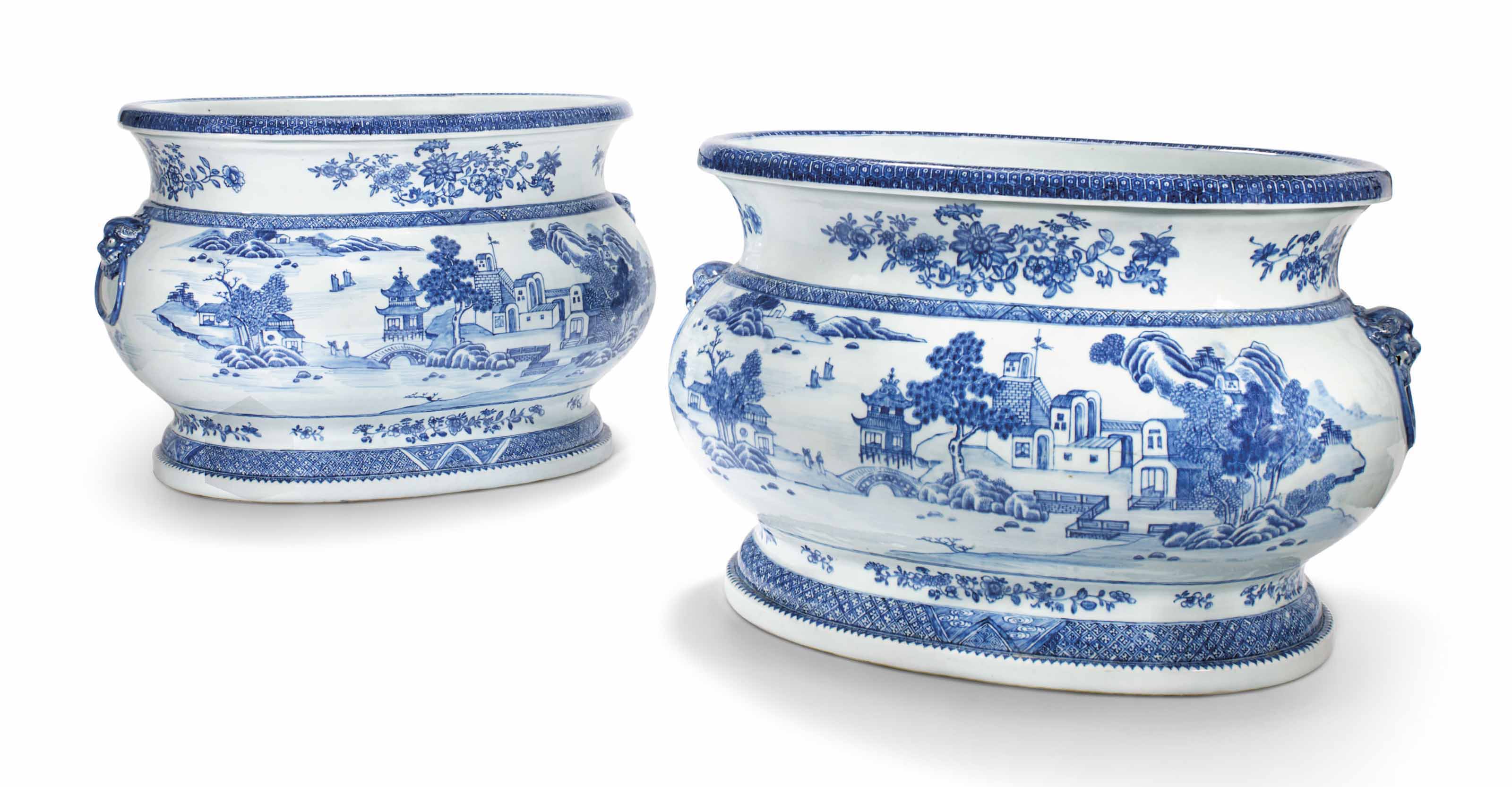 A PAIR OF LARGE CHINESE BLUE AND WHITE WINE COOLERS