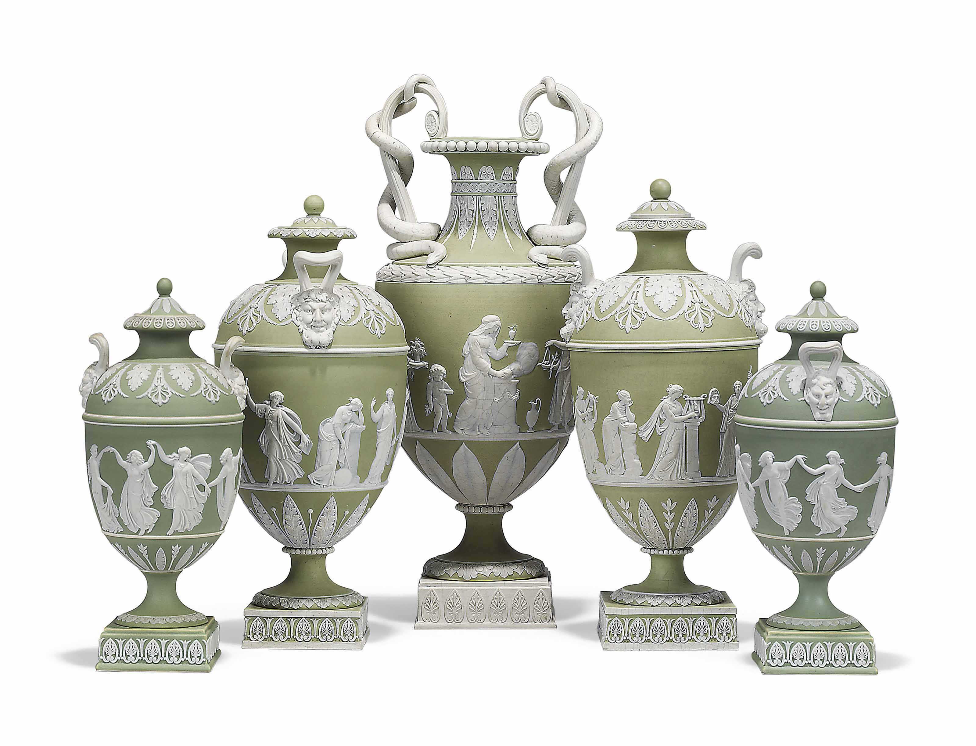 AN ASSEMBLED GARNITURE OF THREE WEDGWOOD GREEN JASPER DIP VASES AND TWO