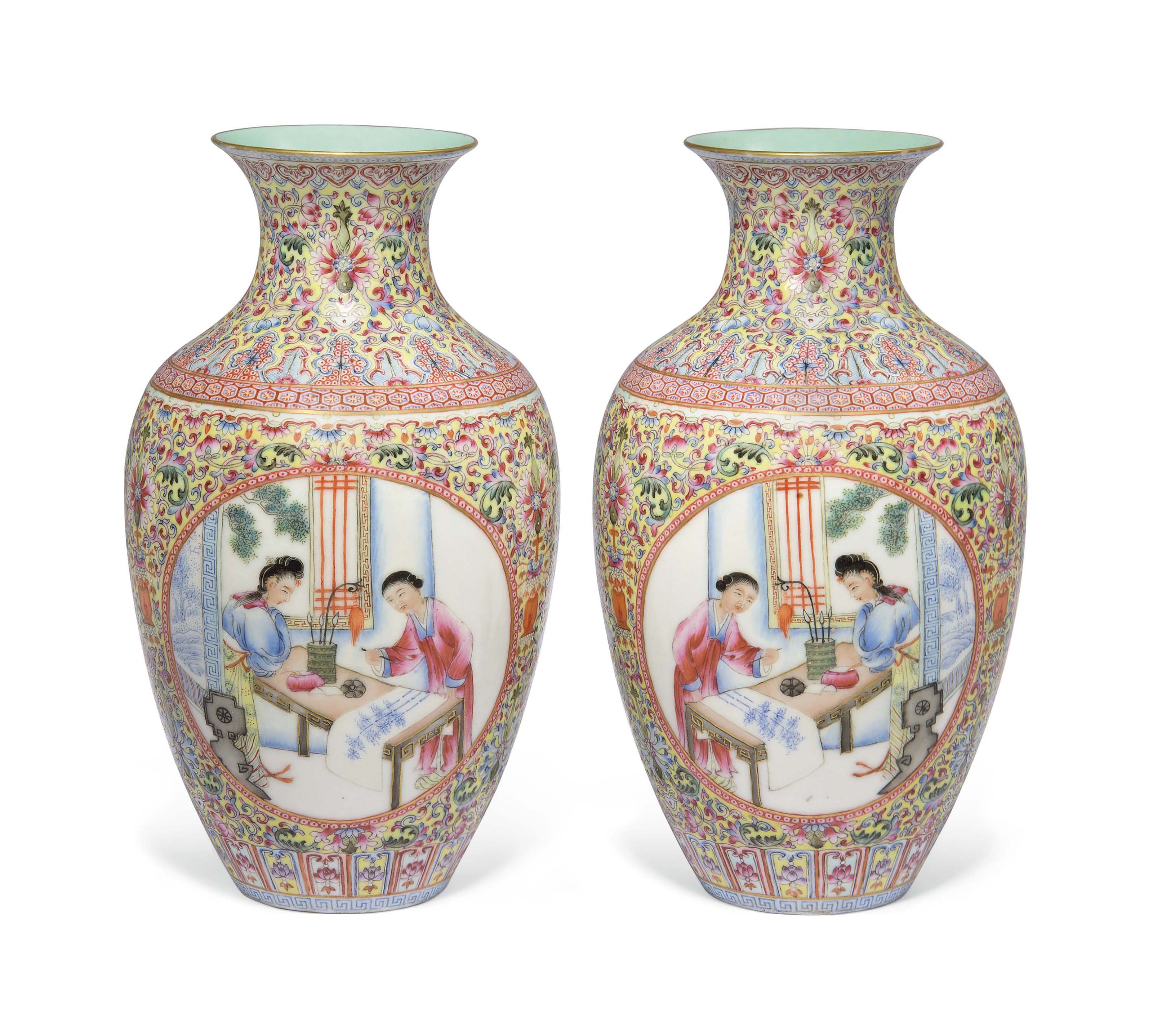 A PAIR OF FAMILLE ROSE YELLOWGROUND VASES , 20TH CENTURY Christie's