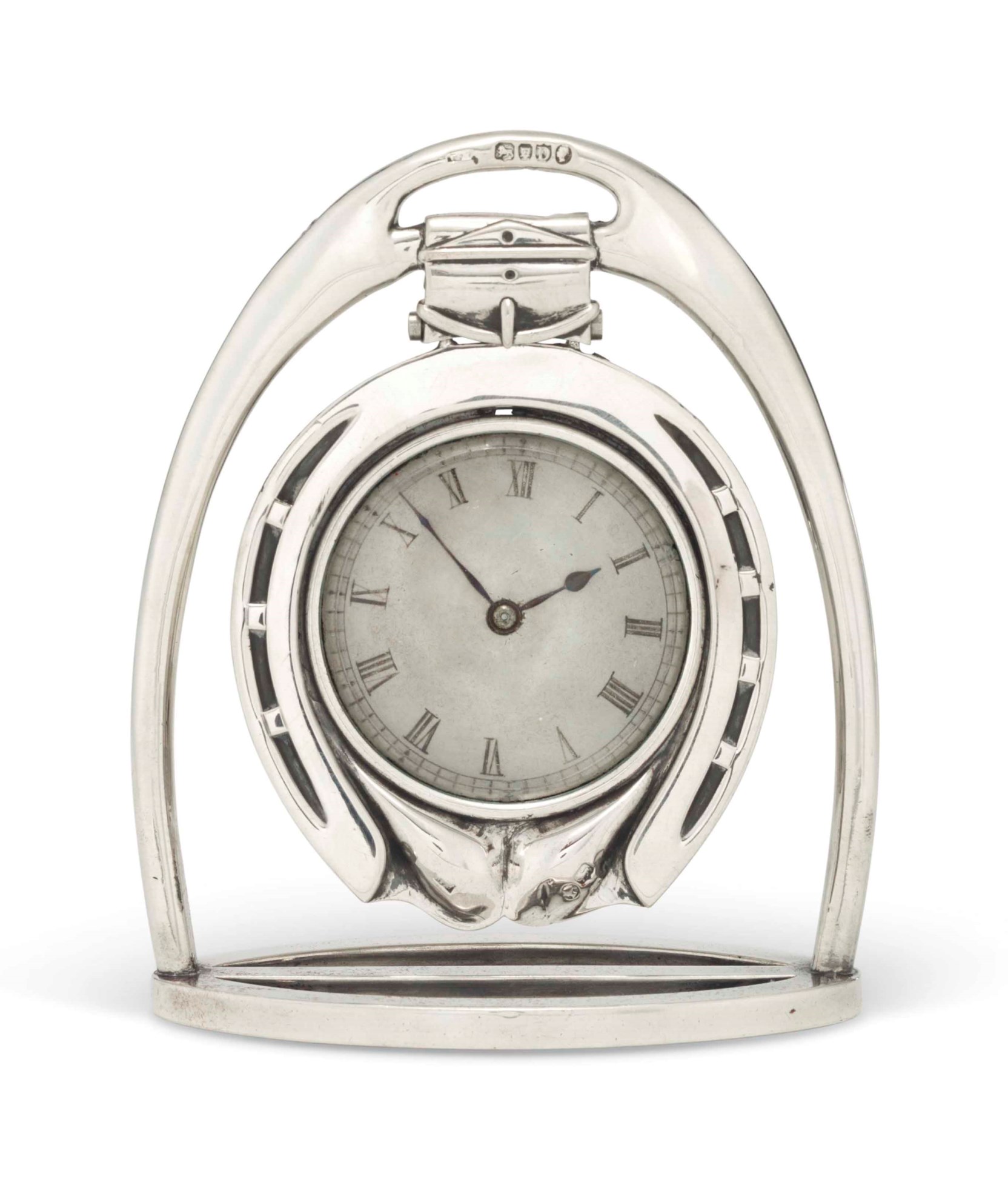 A VICTORIAN SILVER HORSESHOE TRAVELLINGCLOCK, MARK OF WILLIAM