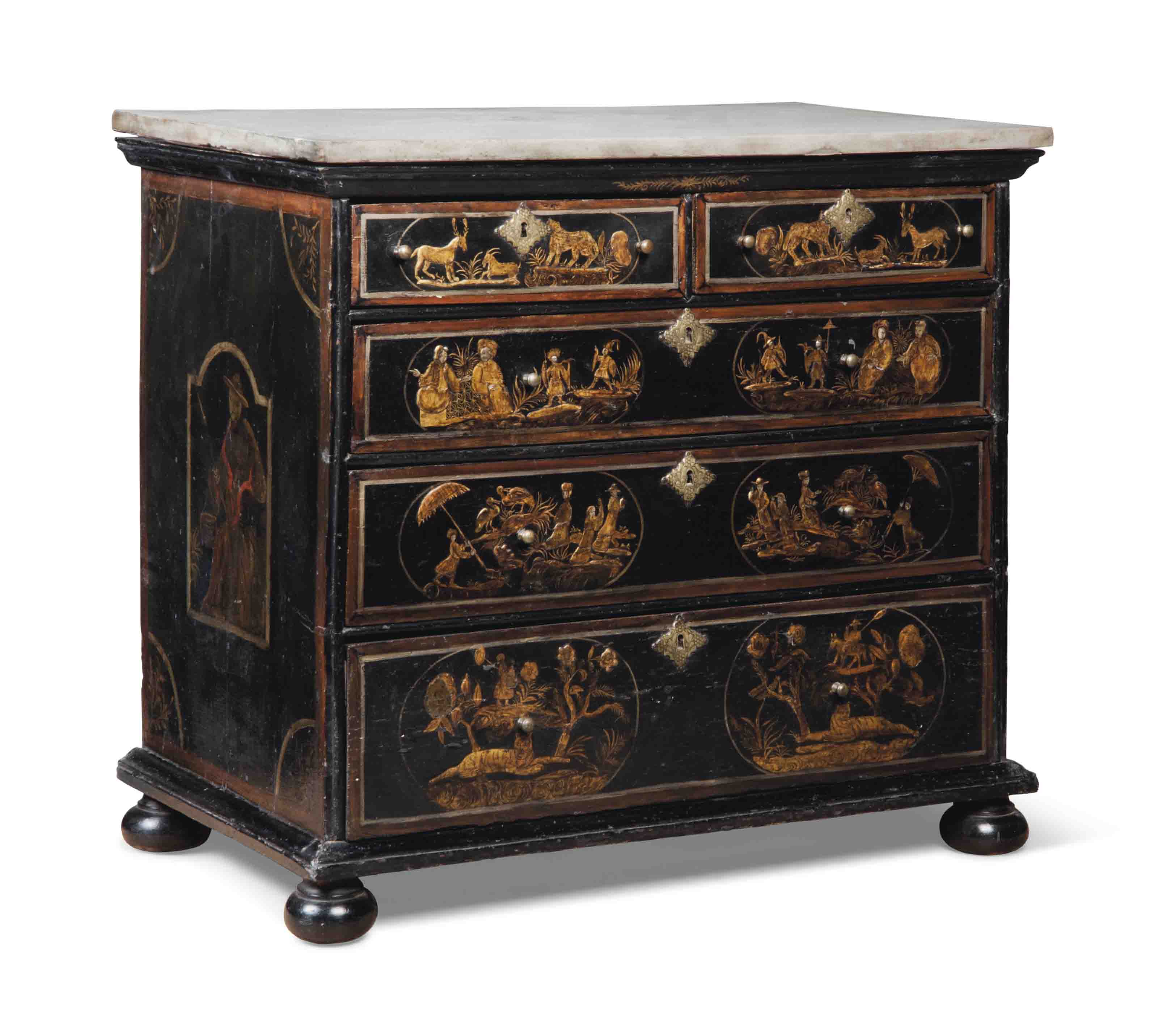 A CHINOISERIEDECORATED, BLACKJAPANNED, MARBLETOP CHEST OF DRAWERS , EARLY 18TH CENTURY AND
