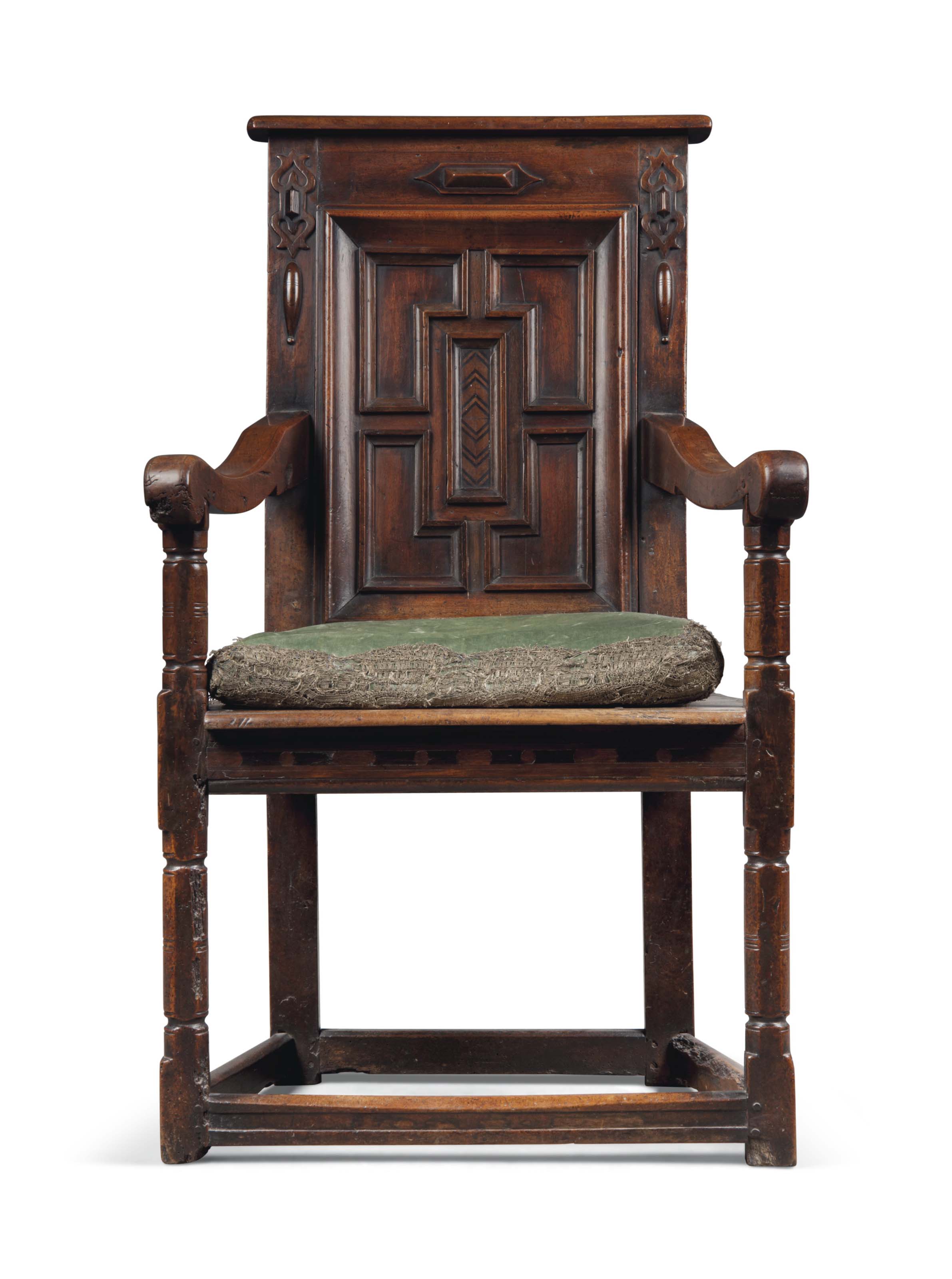 A JAMES I OAK CAQUETEUSE ARMCHAIR EARLY 17TH CENTURY WEST