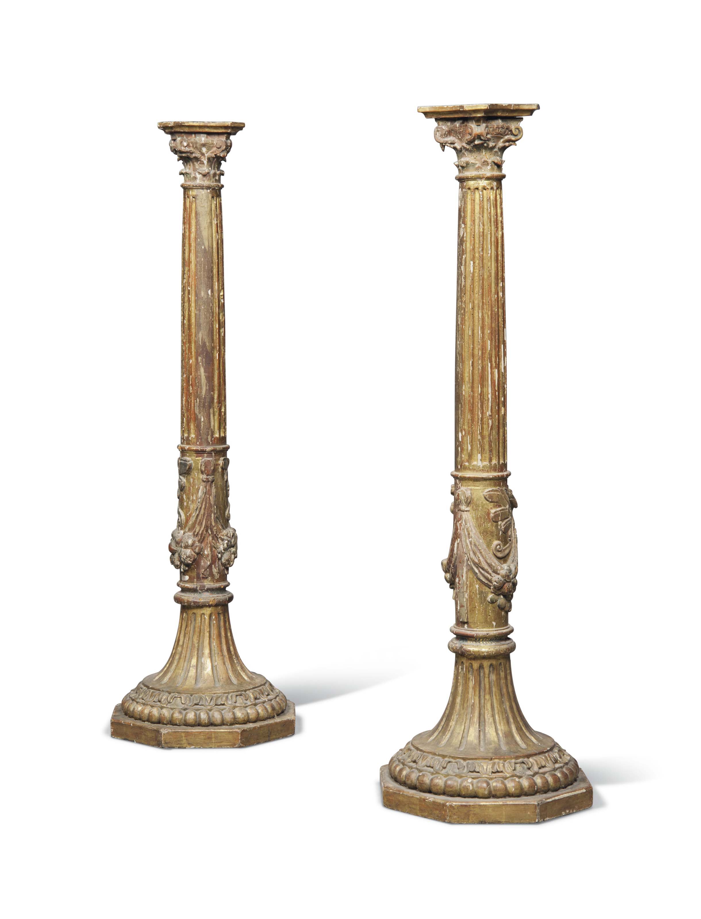 A PAIR OF SPANISH OR ITALIAN GILTWOOD PEDESTAL COLUMNS , PROBABLY EARLY