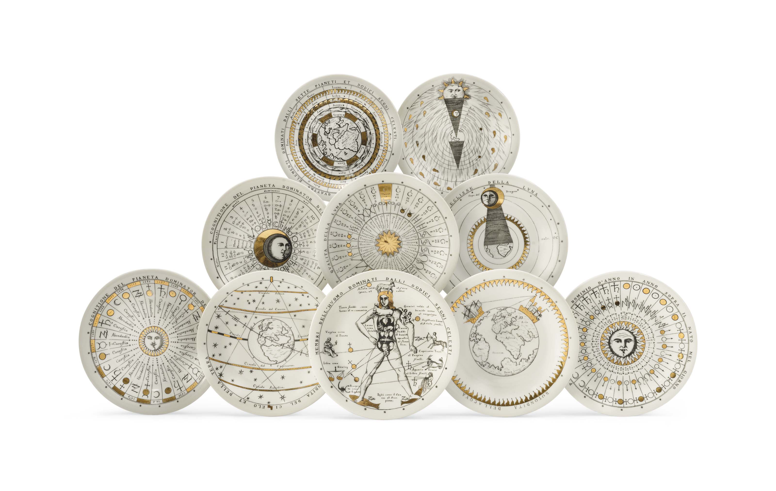 A PART SET OF TEN PIERO FORNASETTI 'ASTRONOMICAL' CERAMIC PLATES