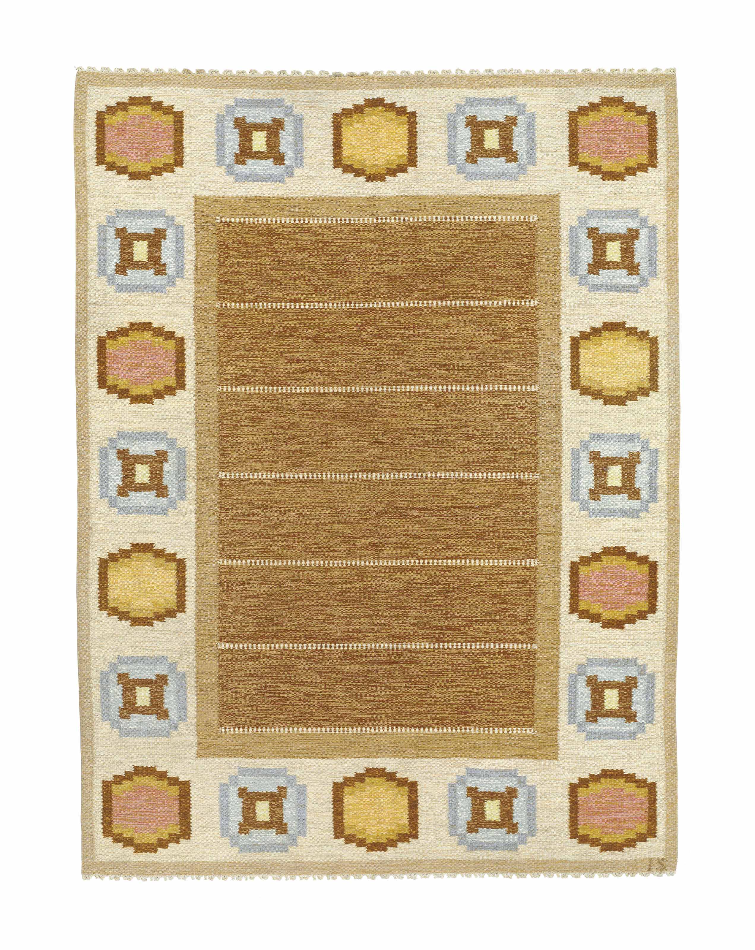A SWEDISH HAND WOVEN FLAT WEAVE WOOL RUG WITH GEOMETRIC BORDER , CIRCA ...