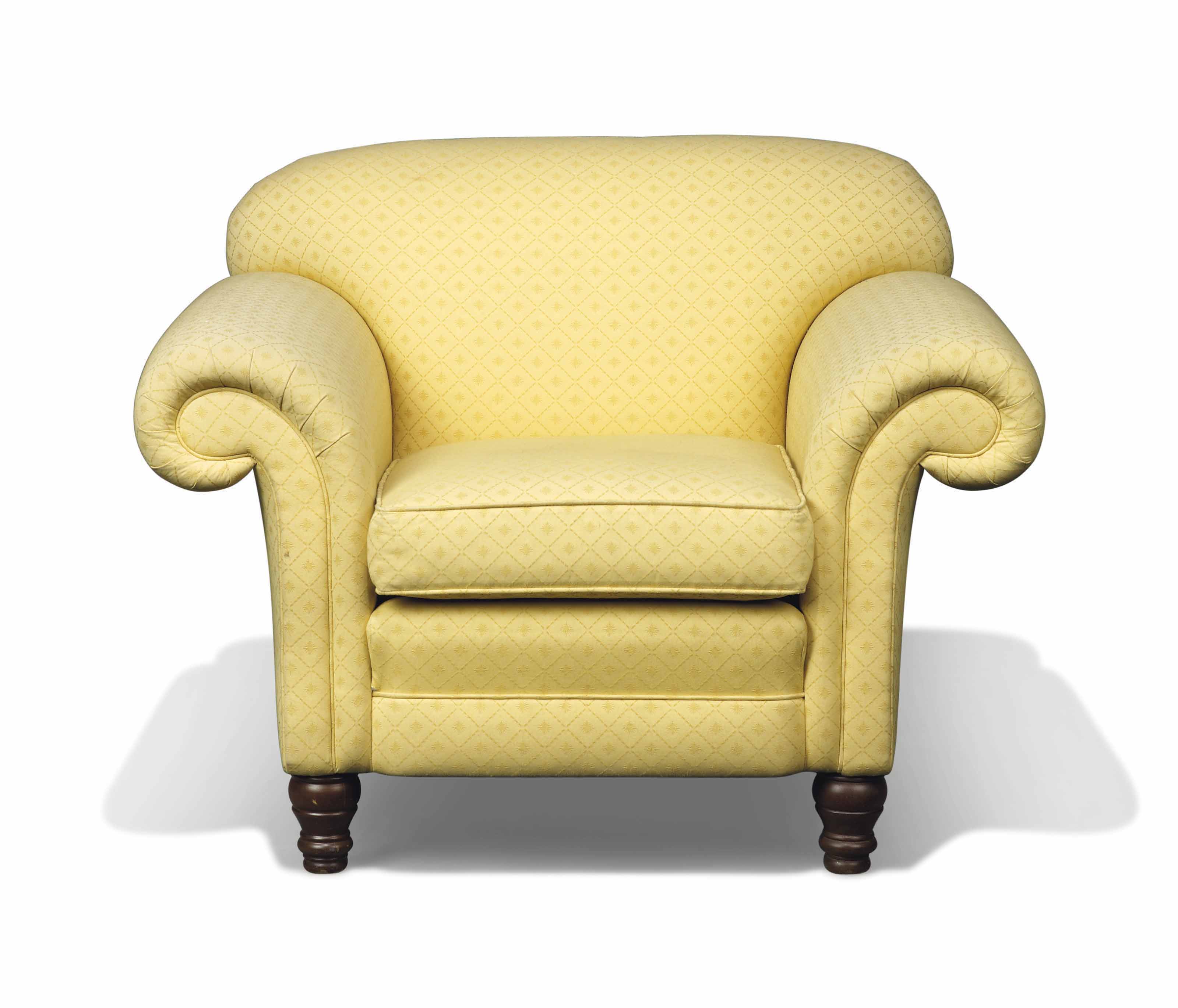 A PALE YELLOW COTTON UPHOLSTERED EASY ARMCHAIR LATE 20TH CENTURY
