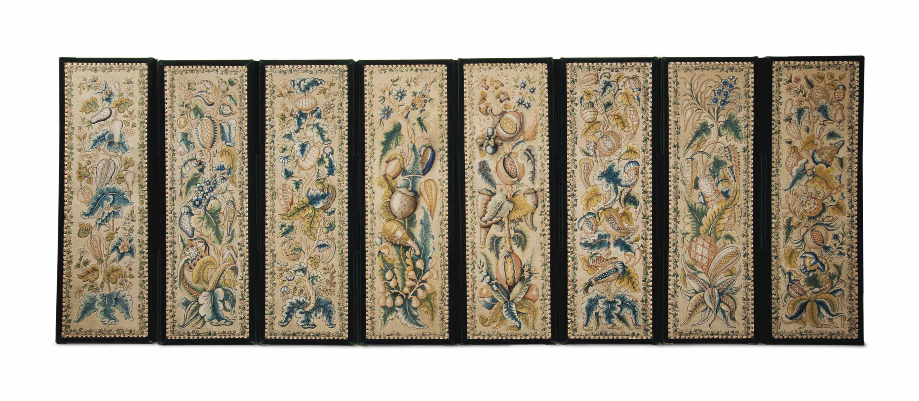 AN ENGLISH NEEDLEWORK MOUNTED VELVET EIGHT FOLD SCREEN , THE NEEDLEWORK