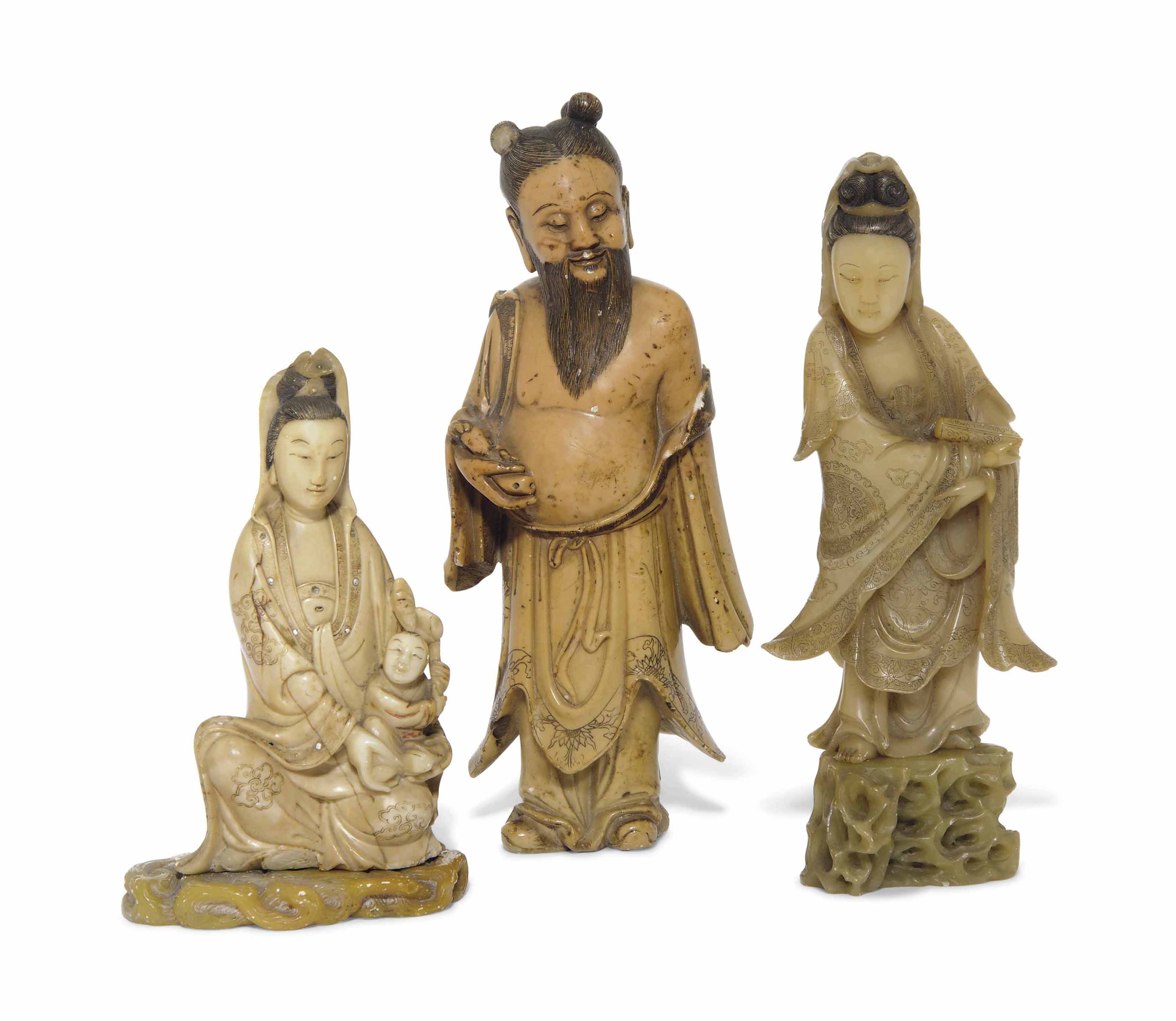 A GROUP OF THREE CHINESE SOAPSTONE FIGURES , 18TH CENTURY AND LATER