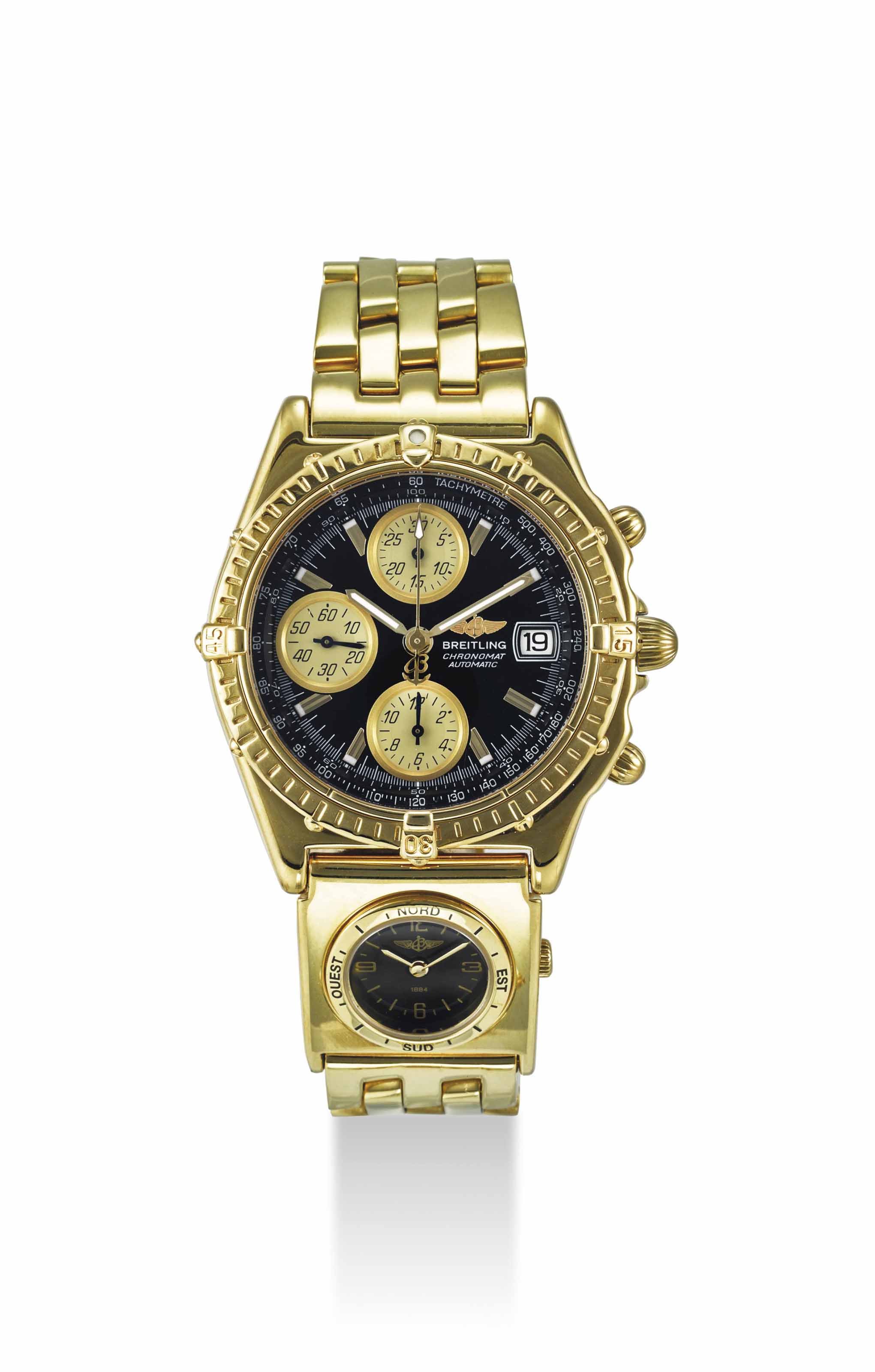 BREITLING. AN 18K GOLD LIMITED EDITION AUTOMATIC DUAL TIME CHRONOGRAPH WRISTWATCH WITH BRACELET MADE FOR THE NBA SIGNED BREITLING CHRONOMAT AUTOMATIC NO. 04 25 CASE NO. K13050.1 CIRCA 1990 Christie s