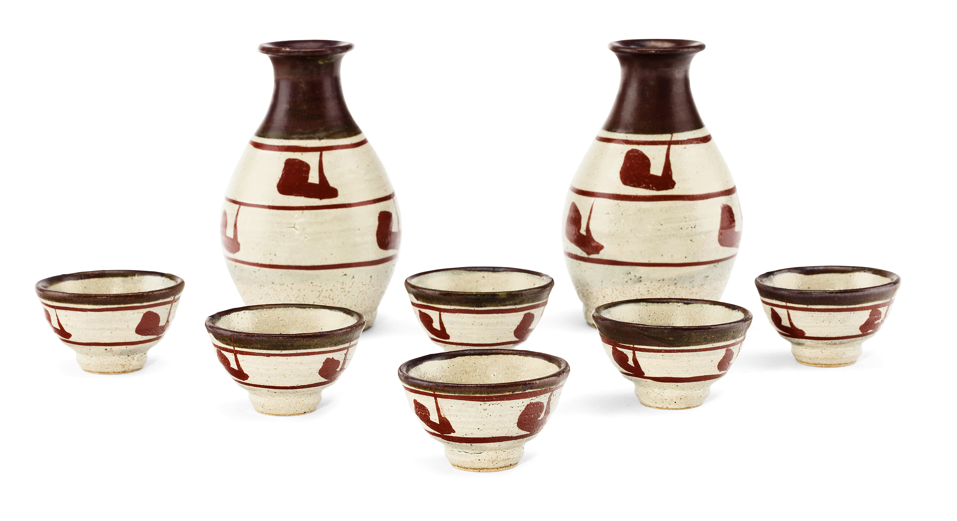 HAMADA SHINSAKU (B. 1929), A SET OF TWO SAKE BOTTLES AND SIX SAKE CUPS