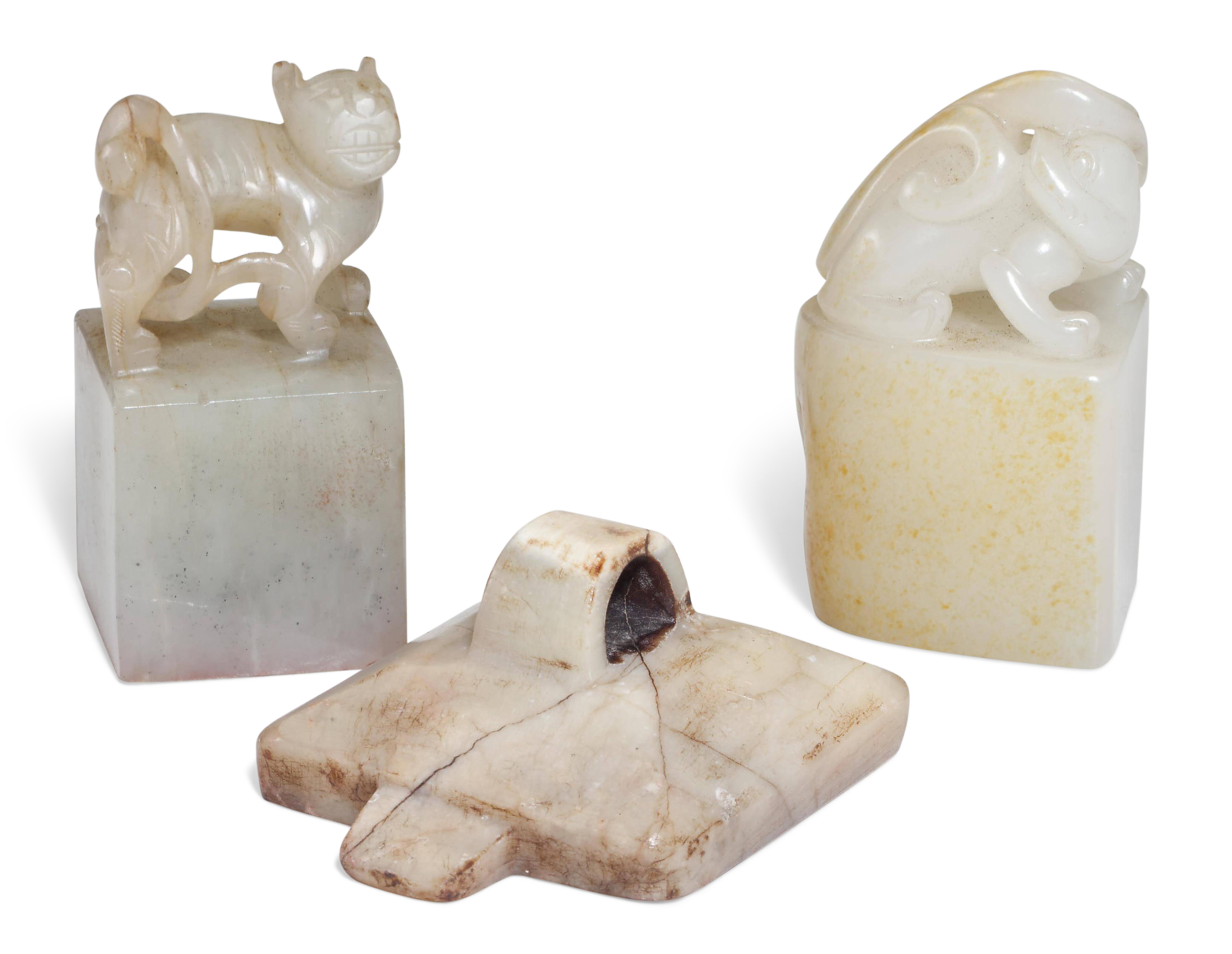 TWO WHITE JADE SEALS AND ONE SOAPSTONE SEAL, QING DYNASTY (16441911