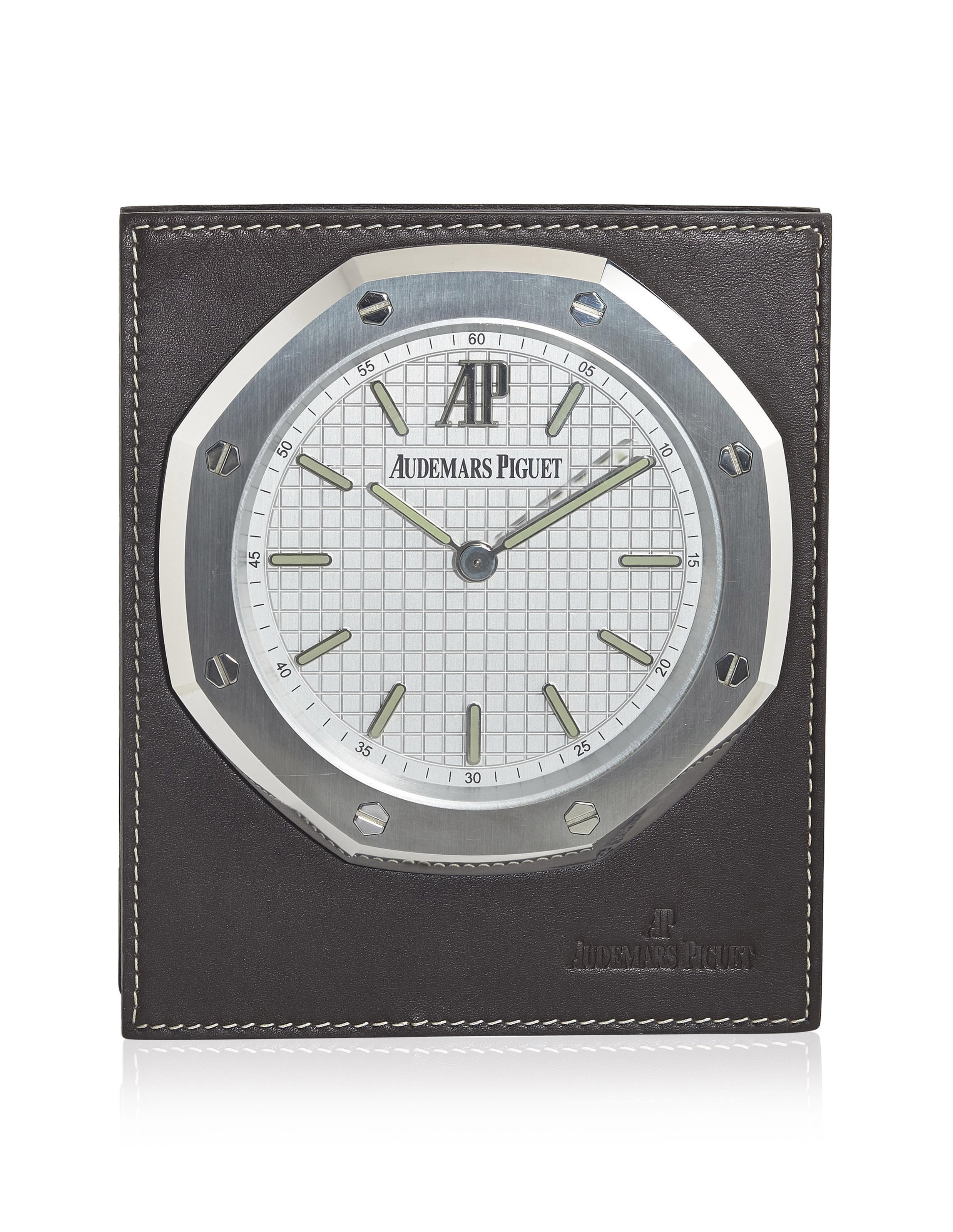 AUDEMARS PIGUET, STAINLESS STEEL ROYAL OAK DESK CLOCK WITH LEATHER