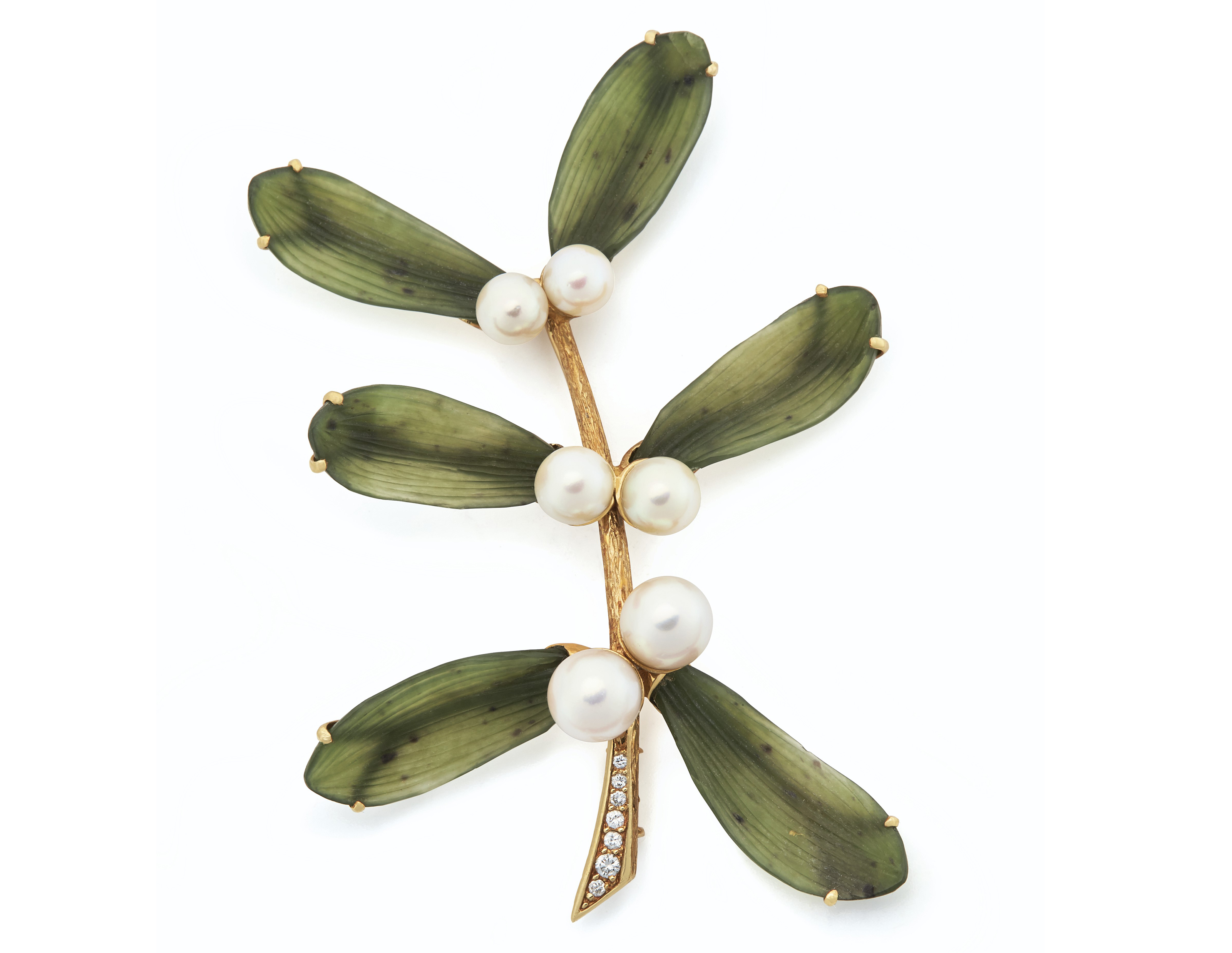 CARTIER JADE, CULTURED PEARL AND DIAMOND MISTLETOE BROOCH, Christie’s