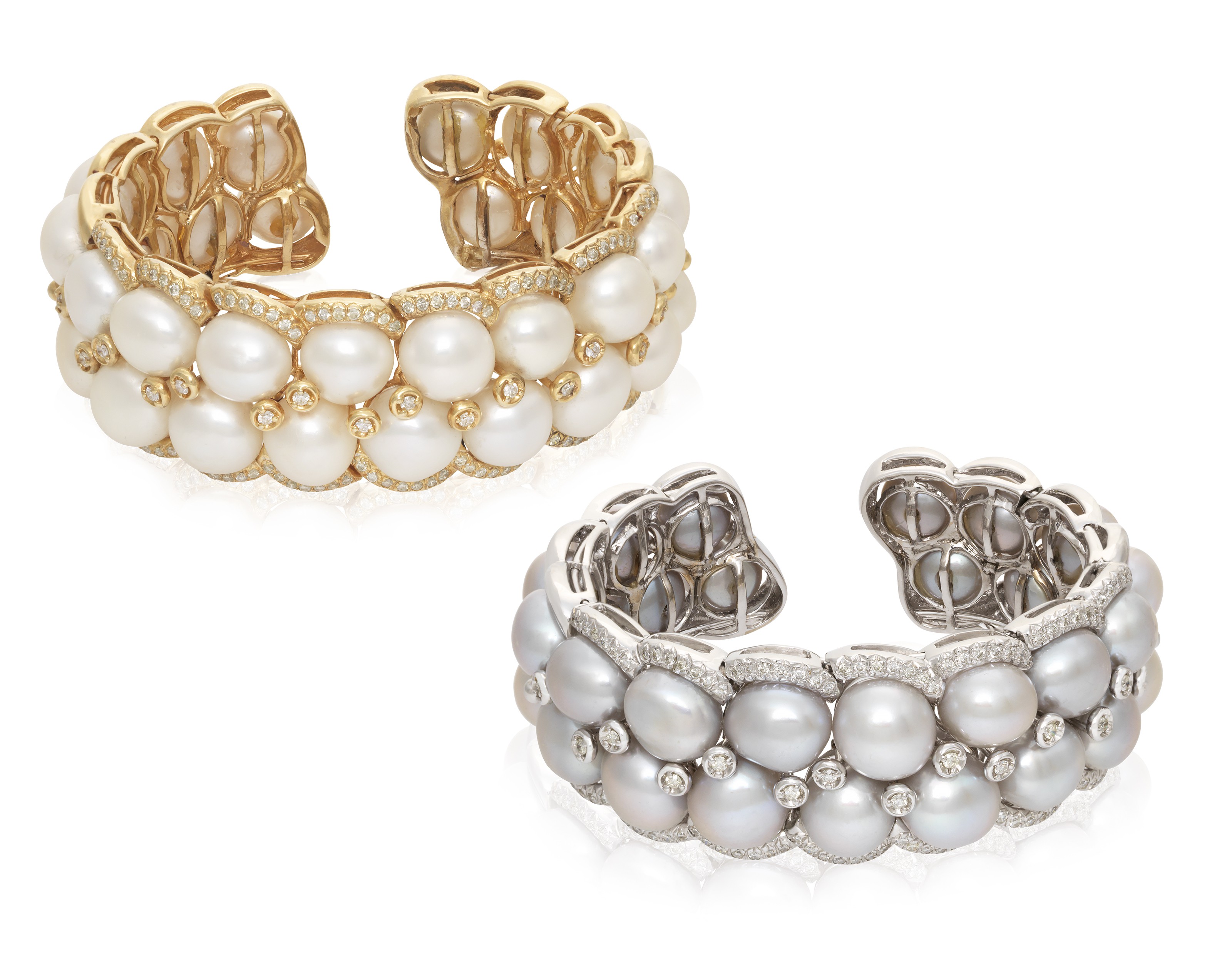 SET OF CULTURED PEARL AND DIAMOND CUFF BRACELETS, Christie’s