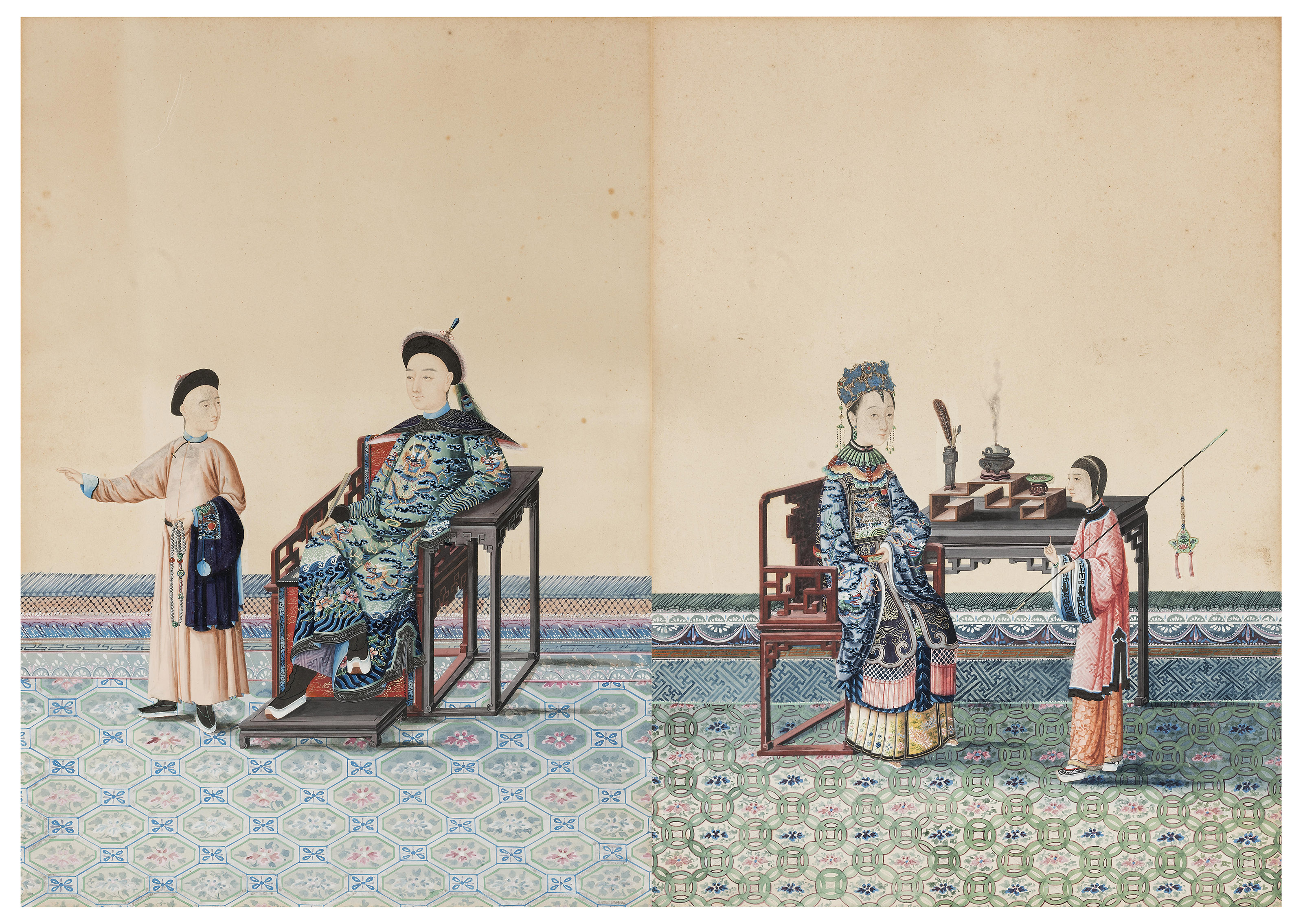 A PAIR OF 'MANDARIN AND LADY' EXPORT PAINTINGS, 19TH CENTURY Christie’s