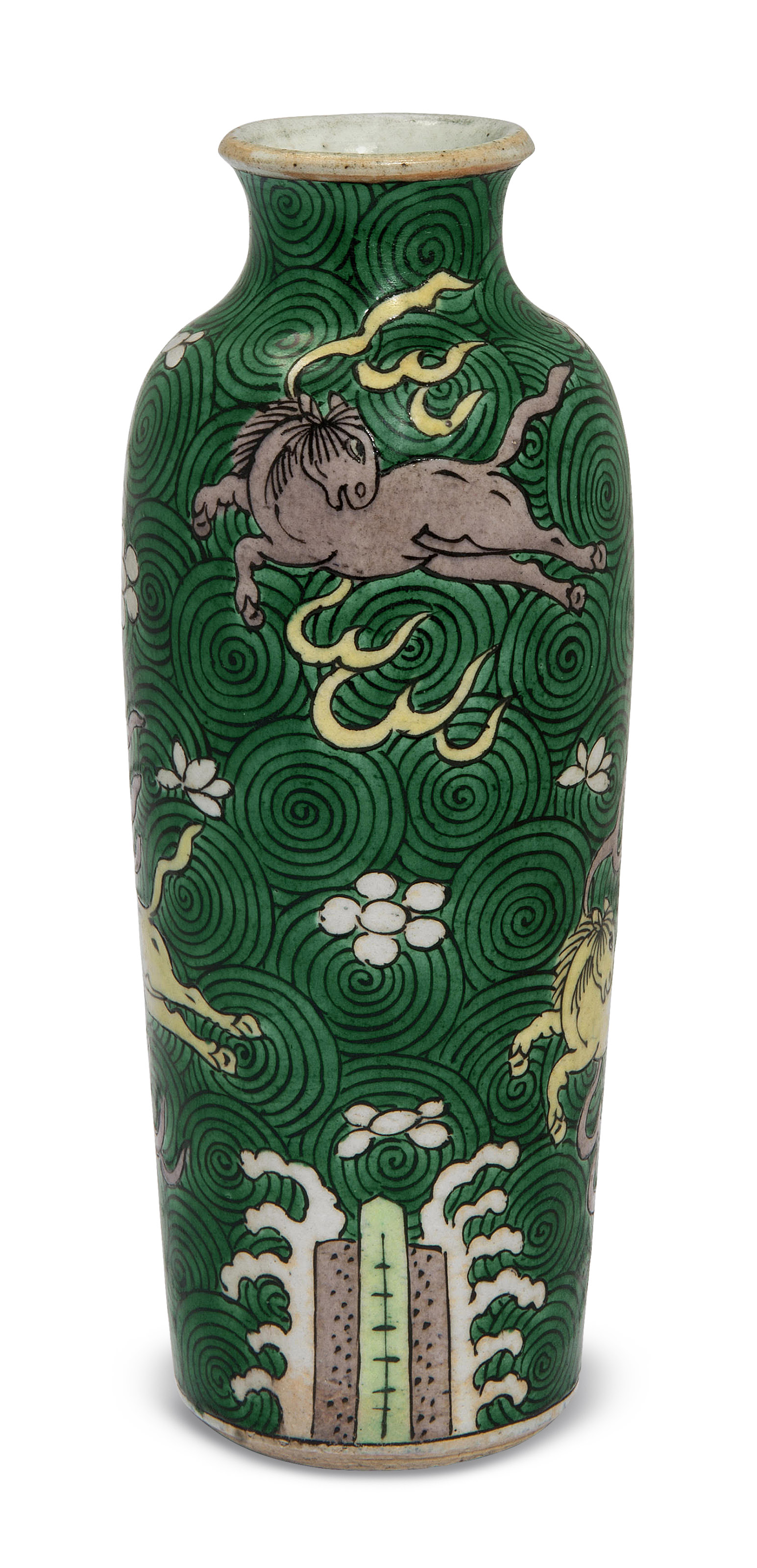A SMALL FAMILLE VERTE 'HEAVENLY HORSE' ROULEAU VASE, 17TH CENTURY