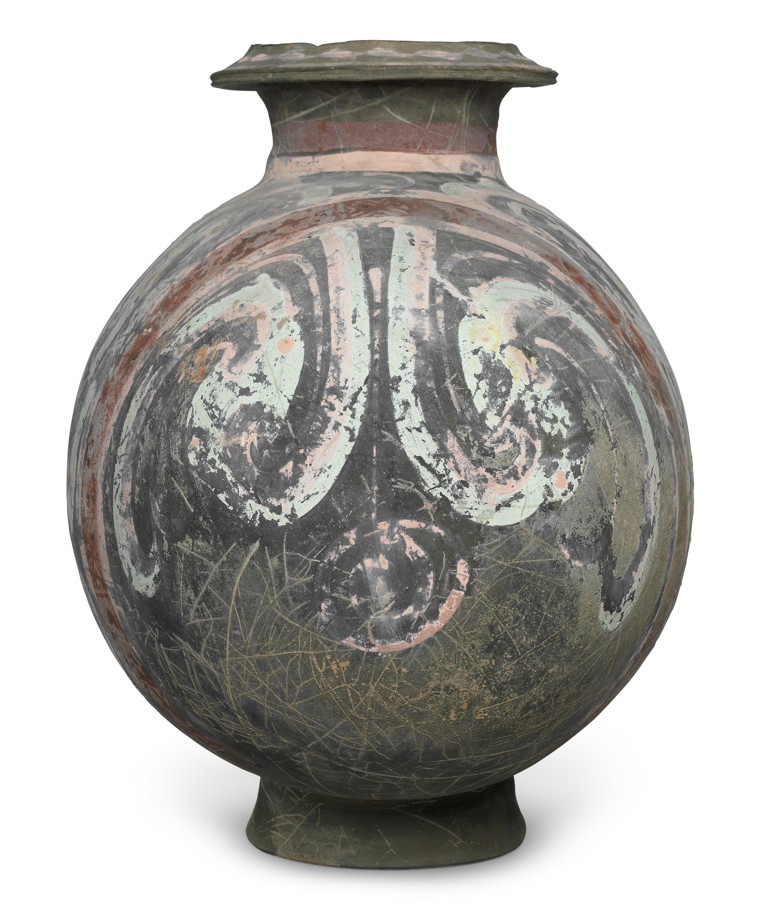 A PAINTED GREY POTTERY COCOON-FORM JAR, HAN DYNASTY (206 BC