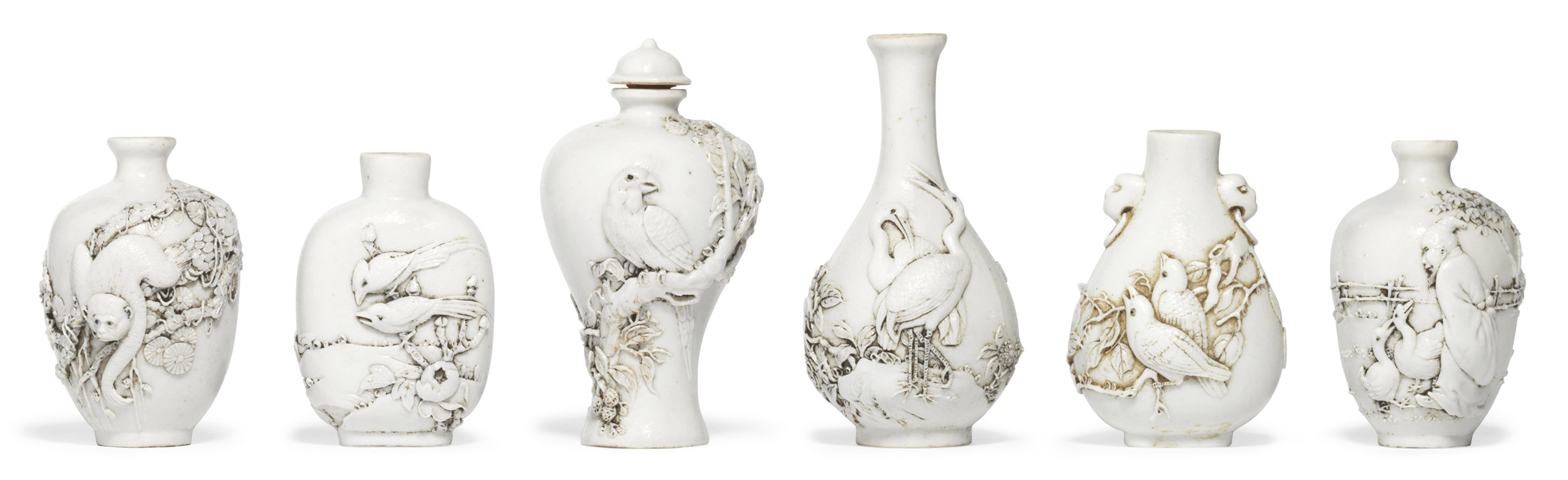 十九/二十世紀白釉刻動物紋瓷鼻煙壺一組六件, 19TH-20TH CENTURY