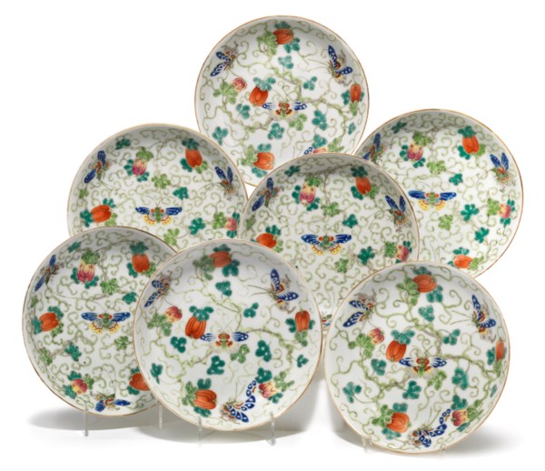 A GROUP OF SEVEN FAMILLE ROSE AND IRON-RED 'BUTTERFLY AND MELON