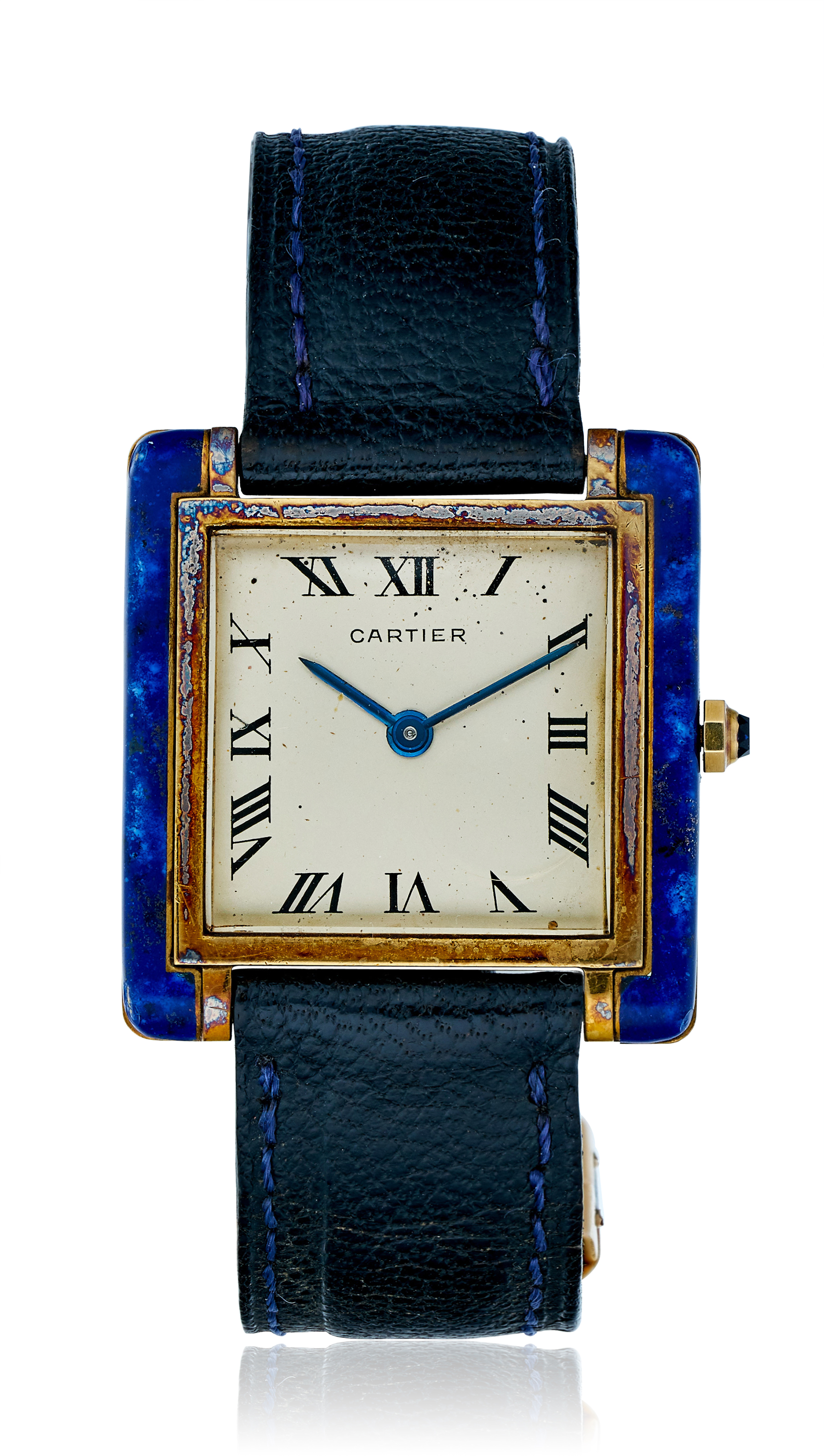 CARTIER, SQUARE-SHAPED WRISTWATCH WITH BLUE ENAMEL BEZEL, | Christie's