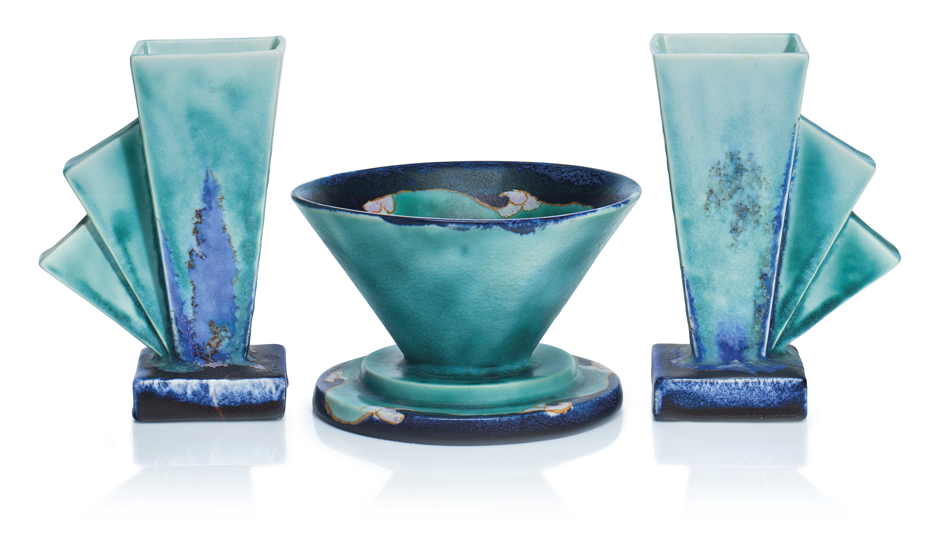 Three Clarice Cliff 'Inspiration' vases. Second quarter 20th century, various blue, sold for $1,625 on 25 August 2017 at Christie’s Online