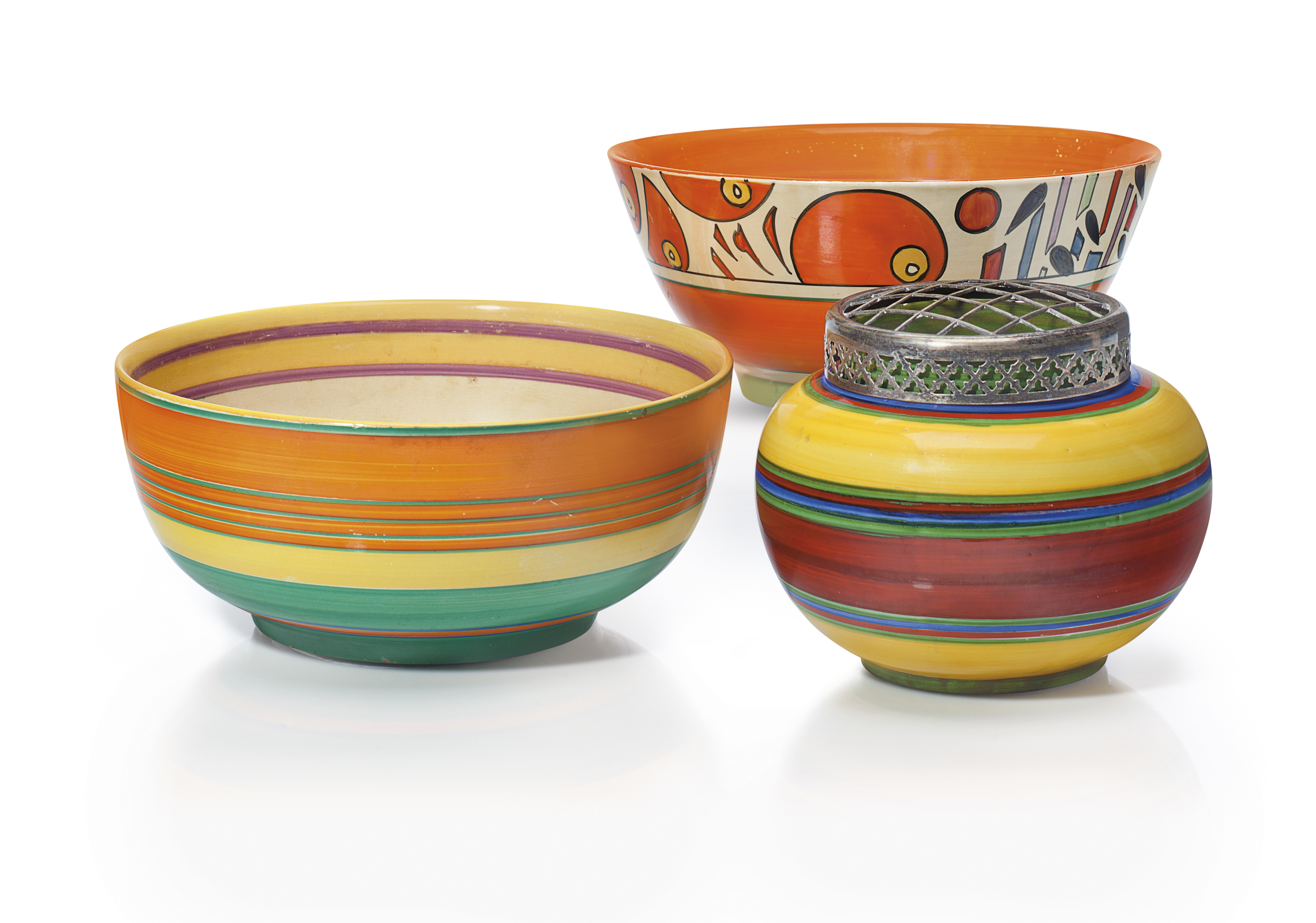 Two Clarice Cliff Centerpiece Bowls And A Vase Second Quarter