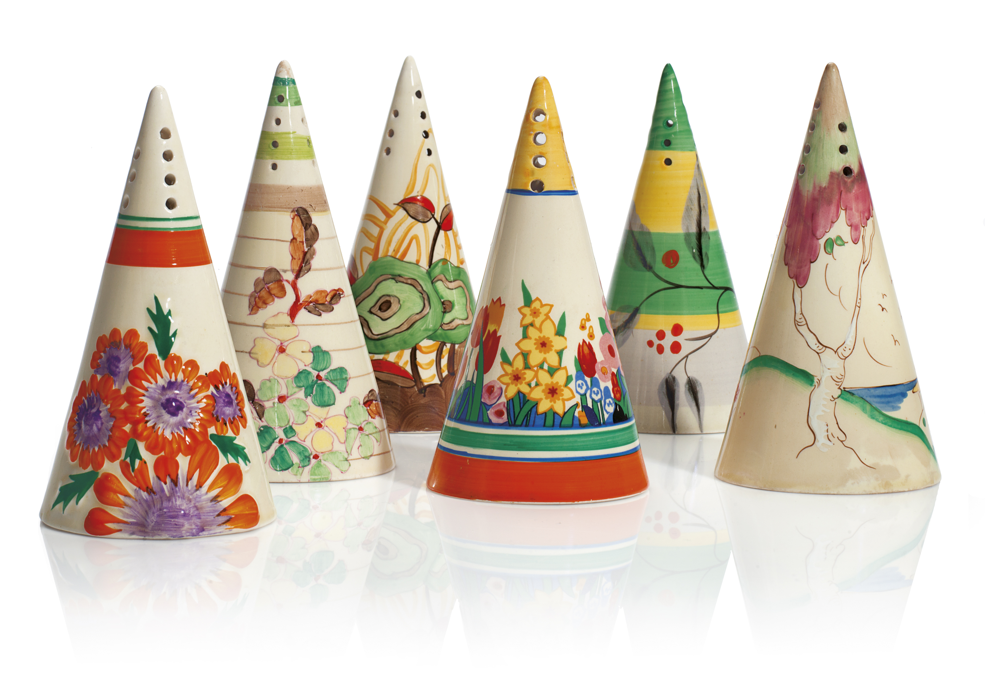 A GROUP OF SIX CLARICE CLIFF CONICAL SUGAR SIFTERS, SECOND QUARTER 20TH