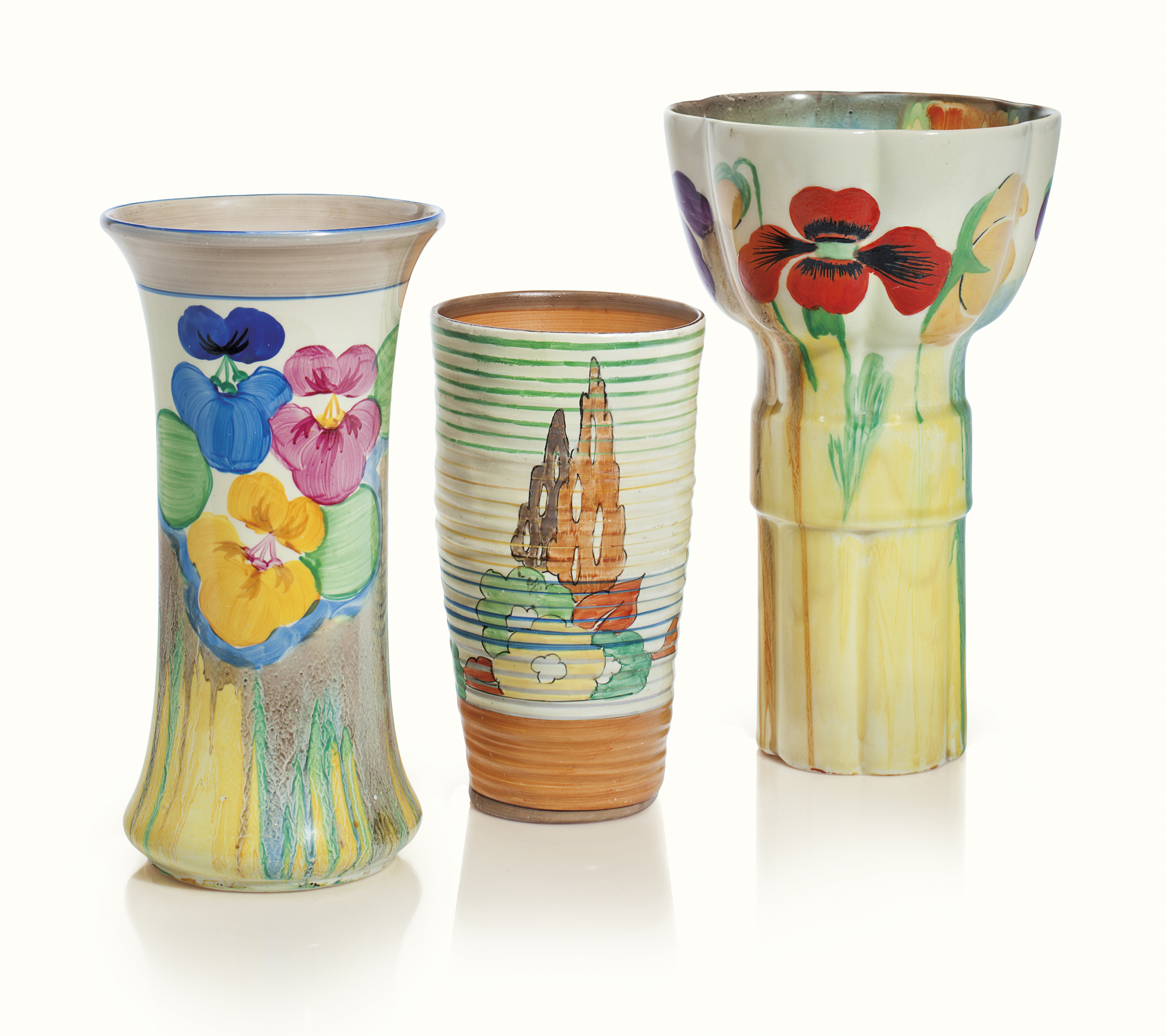 Three Clarice Cliff Bizarre Vases Second Quarter 20th Century