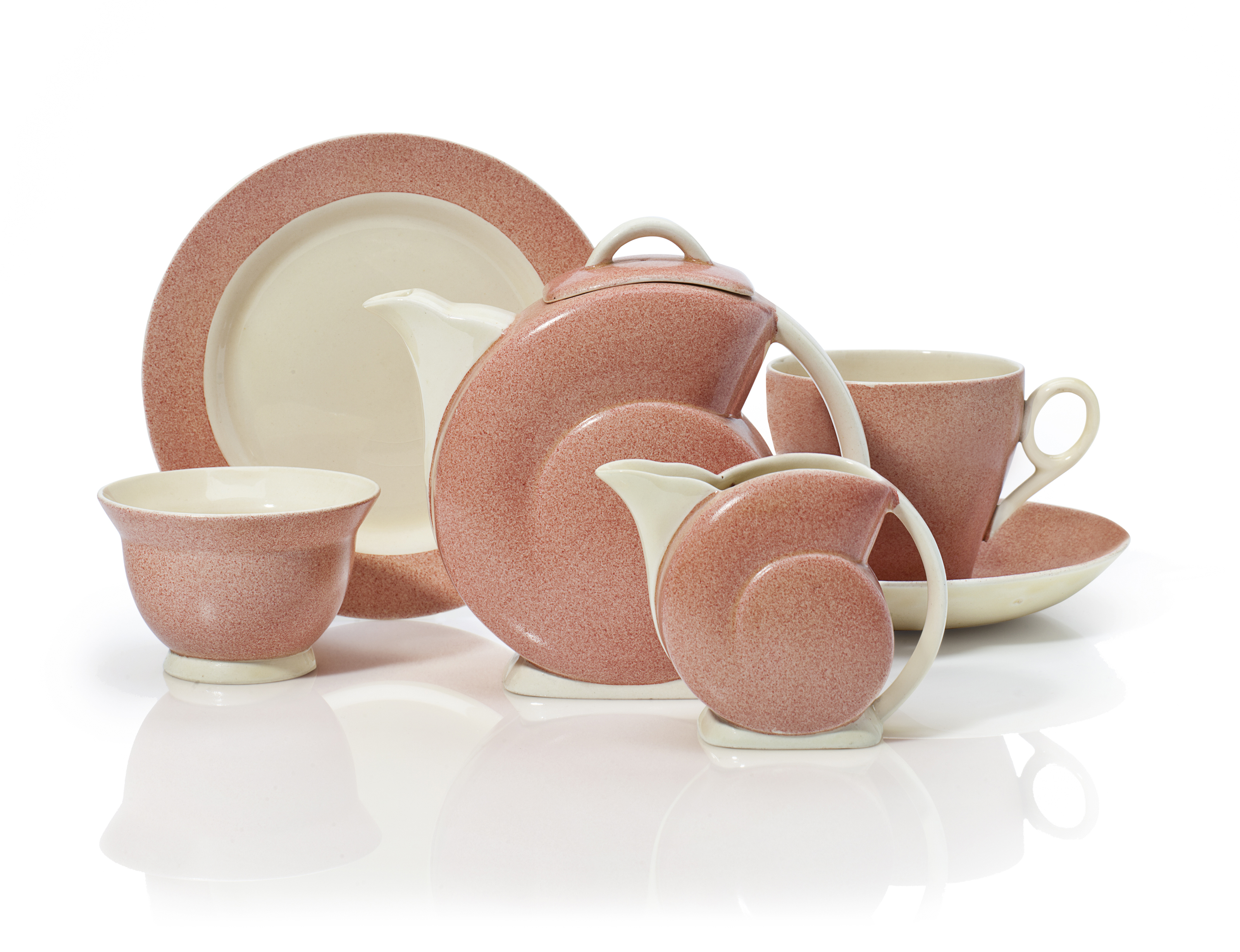A RARE CLARICE CLIFF TEA SET, CIRCA 1936, BLACK PRINTED SCRIPT AND