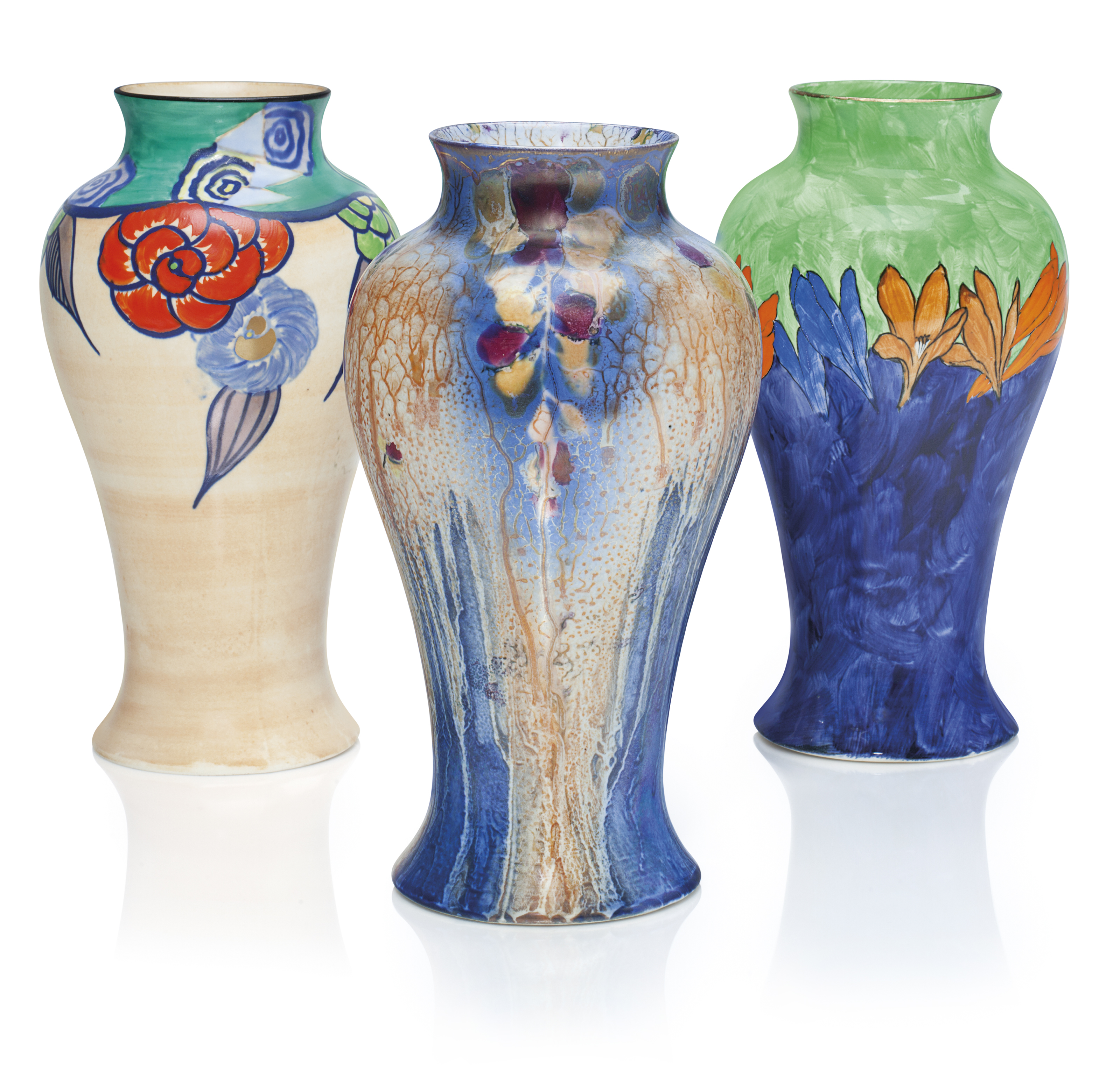 THREE ENGLISH PORCELAIN VASES, 20TH CENTURY, VARIOUS PRINTED AND