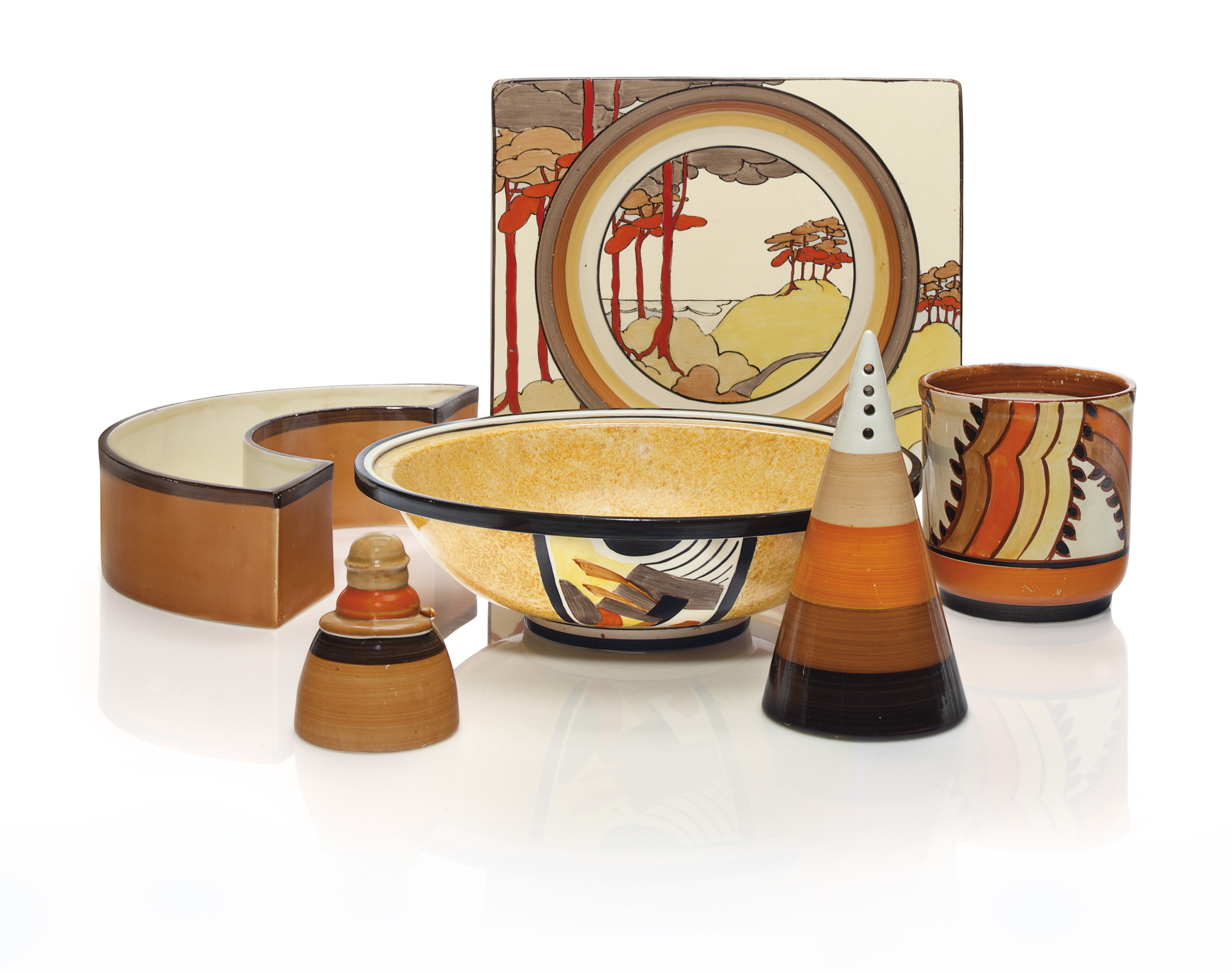 A group of Clarice Cliff wares. 20th century, various black printed script, sold for $1,500 on 25 August 2017 at Christie's Online