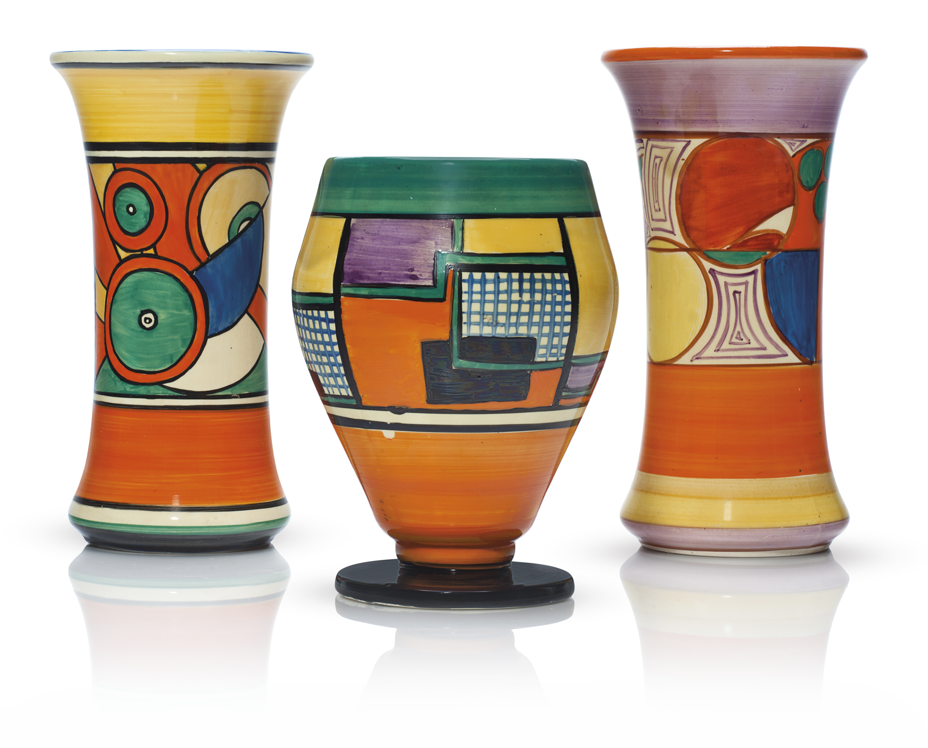 THREE CLARICE CLIFF VASES, SECOND QUARTER 20TH CENTURY, VARIOUS BLACK PRINTED SCRIPT, IMPRESSED