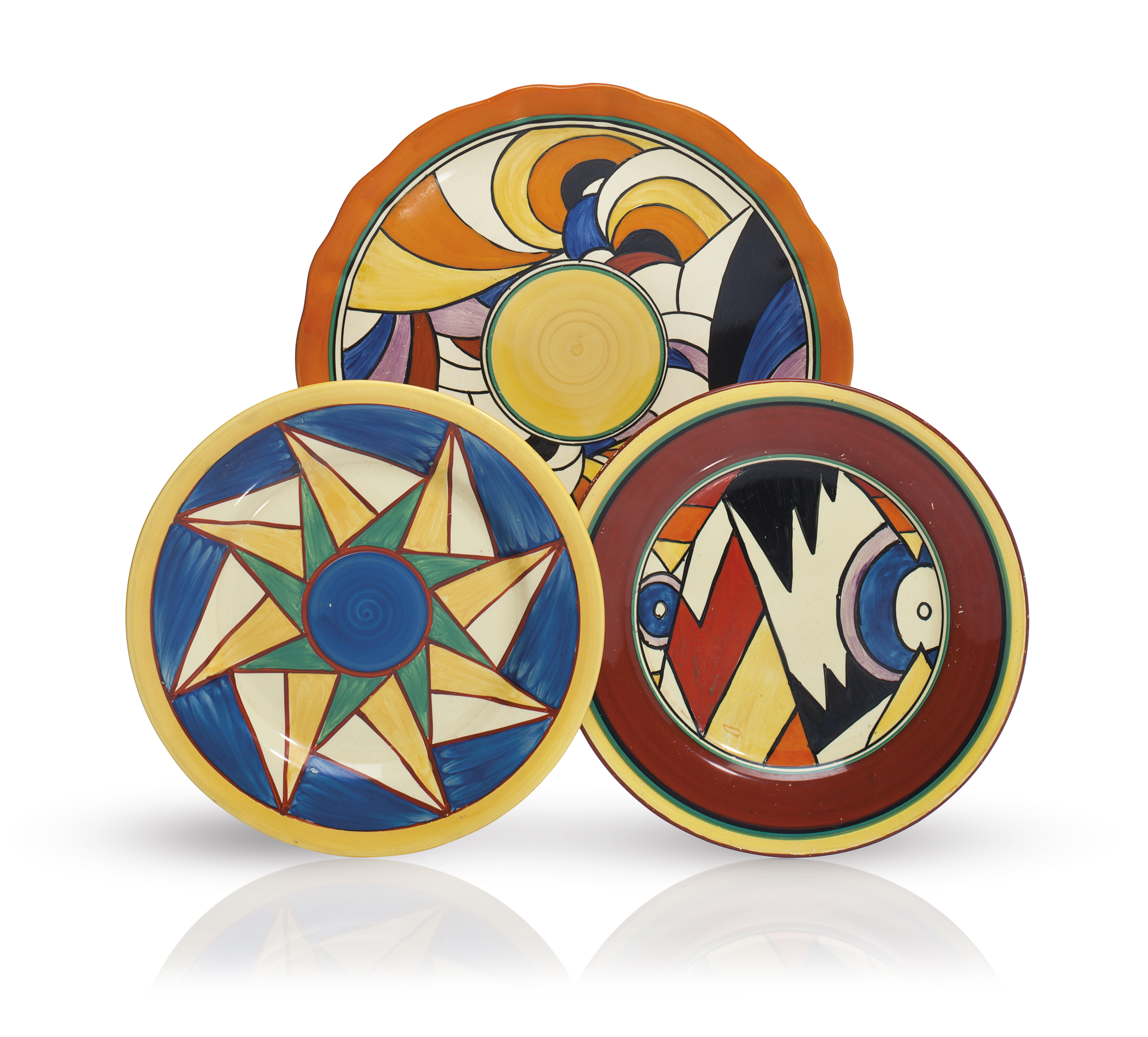 THREE CLARICE CLIFF PLATES, SECOND QUARTER 20TH CENTURY, VARIOUS