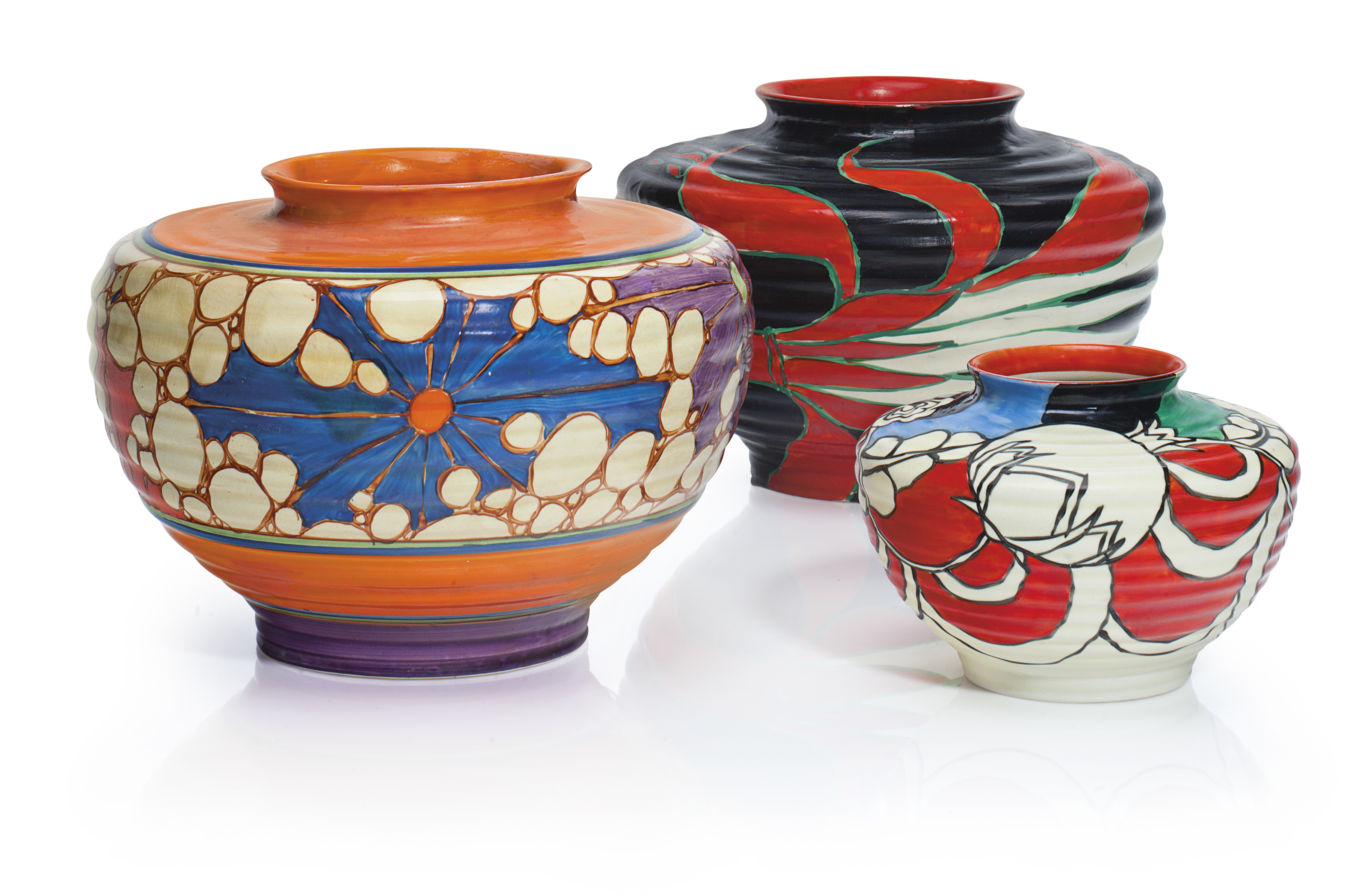 Three Clarice Cliff vases. Second-quarter 20th century, various black, sold for $5,000 on 25 August 2017 at Christie's Online