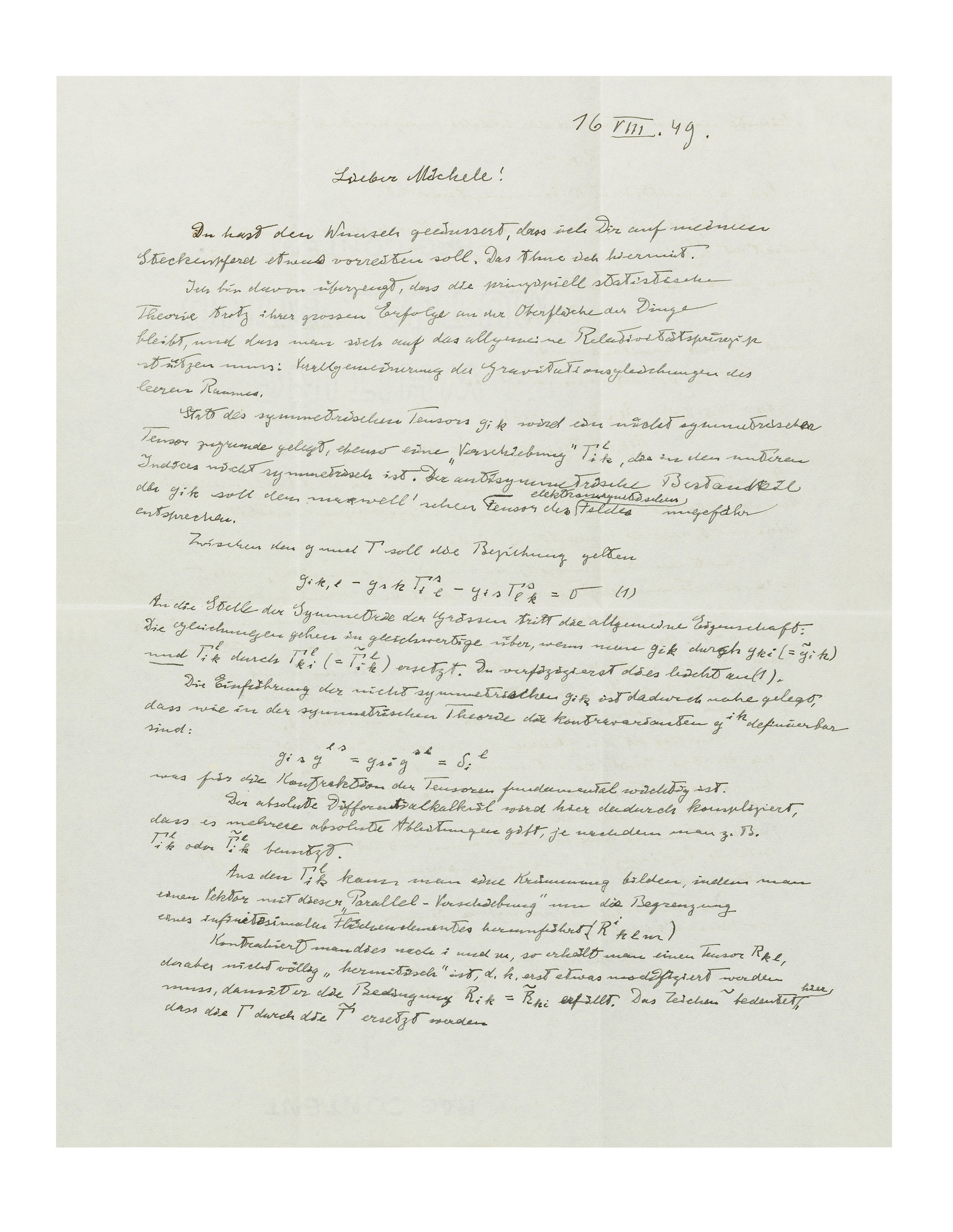 Mathematics for Einstein always came second to creative speculation: here he gives a dazzling exposition of his great 'theory of everything' - unified field theory - but concludes with a sense of resignation. 'What is logically simple is so difficult mathematically', Princeton, 16 August 1949. Sold for $35,000 on 6 December 2017 at Christie's Online