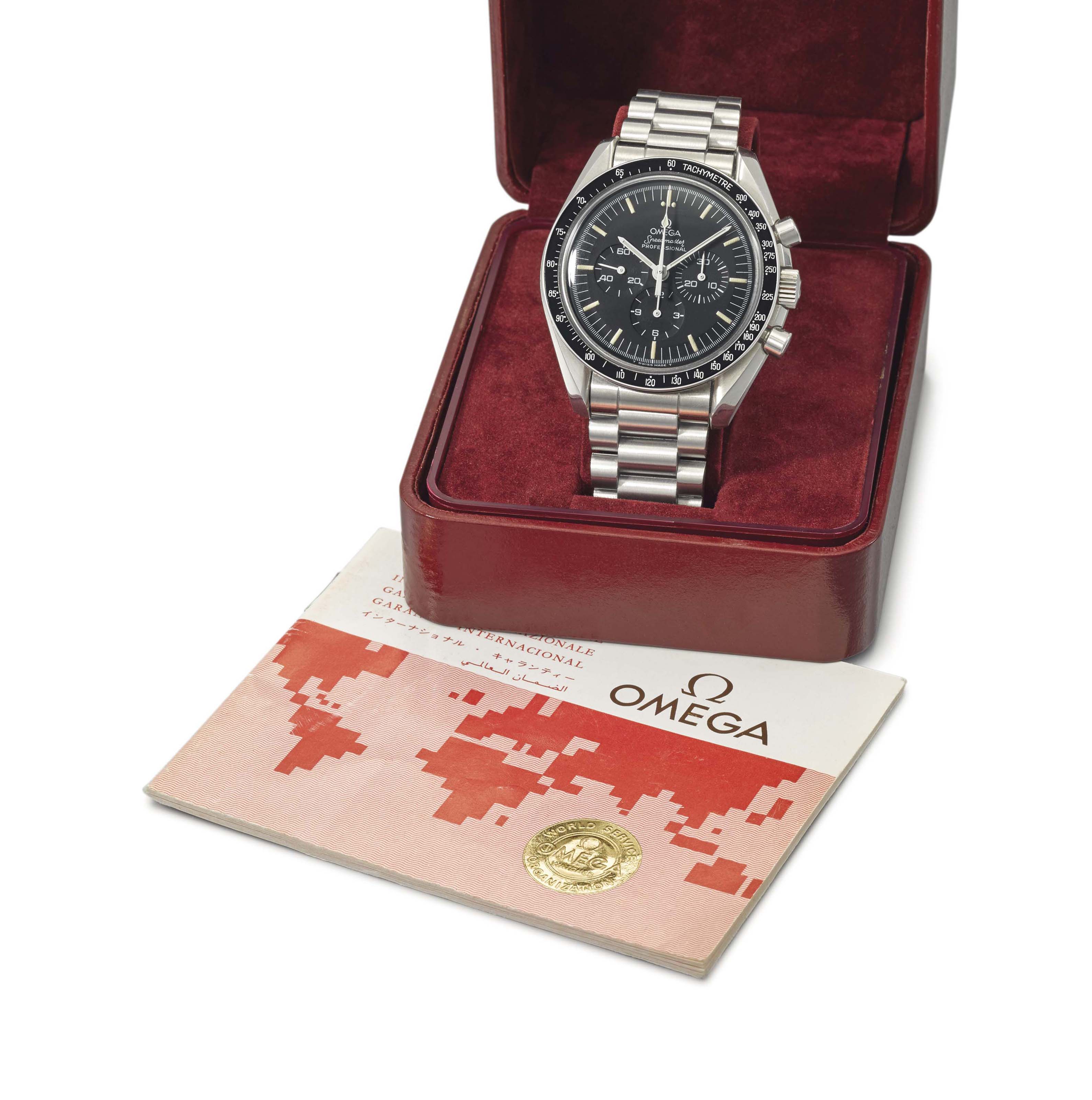 Omega. A very rare and attractive limited edition stainless steel chronograph wristwatch with bracelet Signed Omega Speedmaster Professional ref. 345.0808 no. 250 1000 movement no. 48 169 071 circa 19...