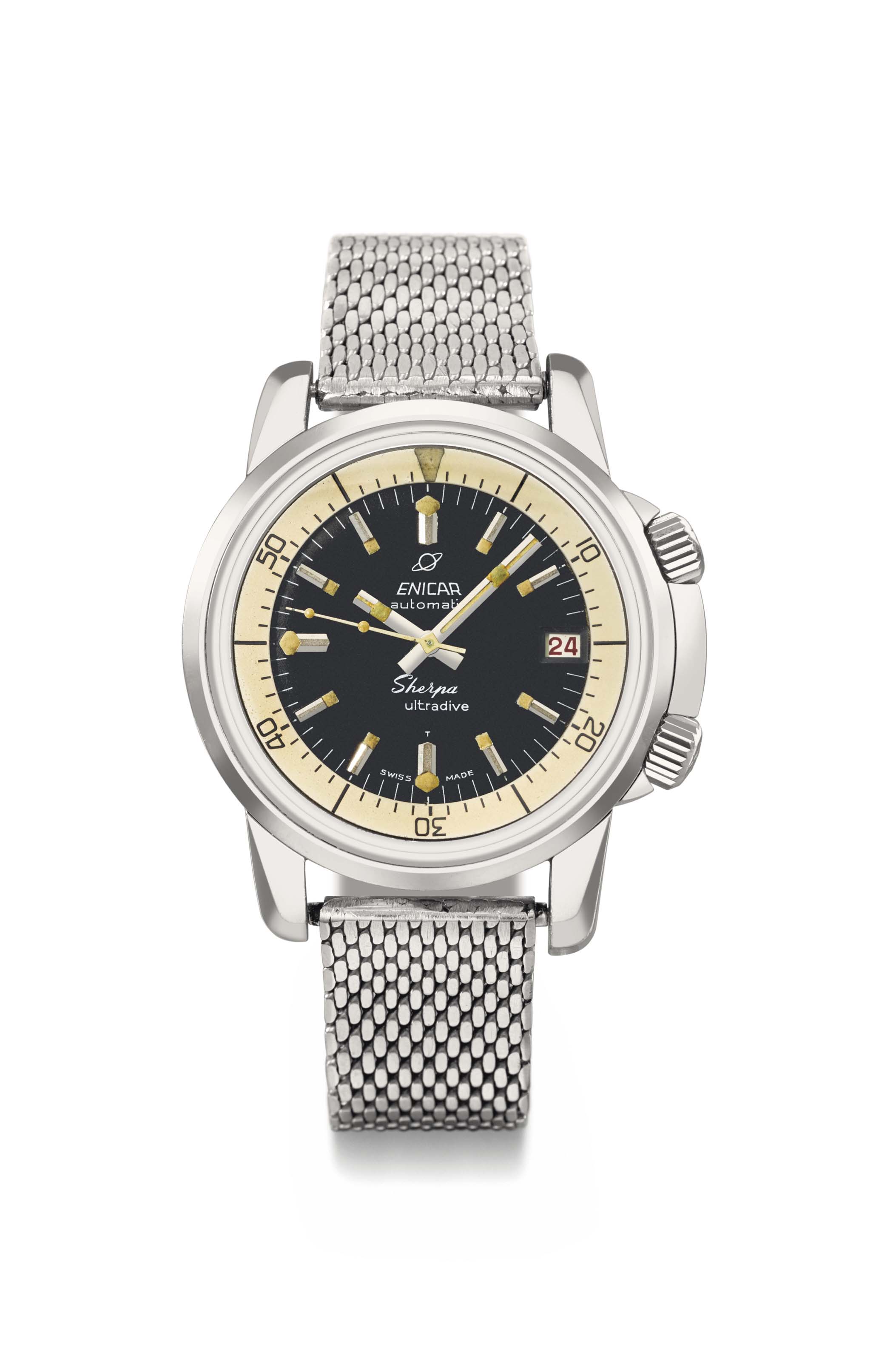 Enicar A Fine And Rare Stainless Steel Automatic Diver S Two Crown Wristwatch With Sweep Centre Seconds Date And Enicar Bracelet Signed Enicar Automatic Seapearl Sherpa Ultradive Model Ref 144 35 03 Case No 720103