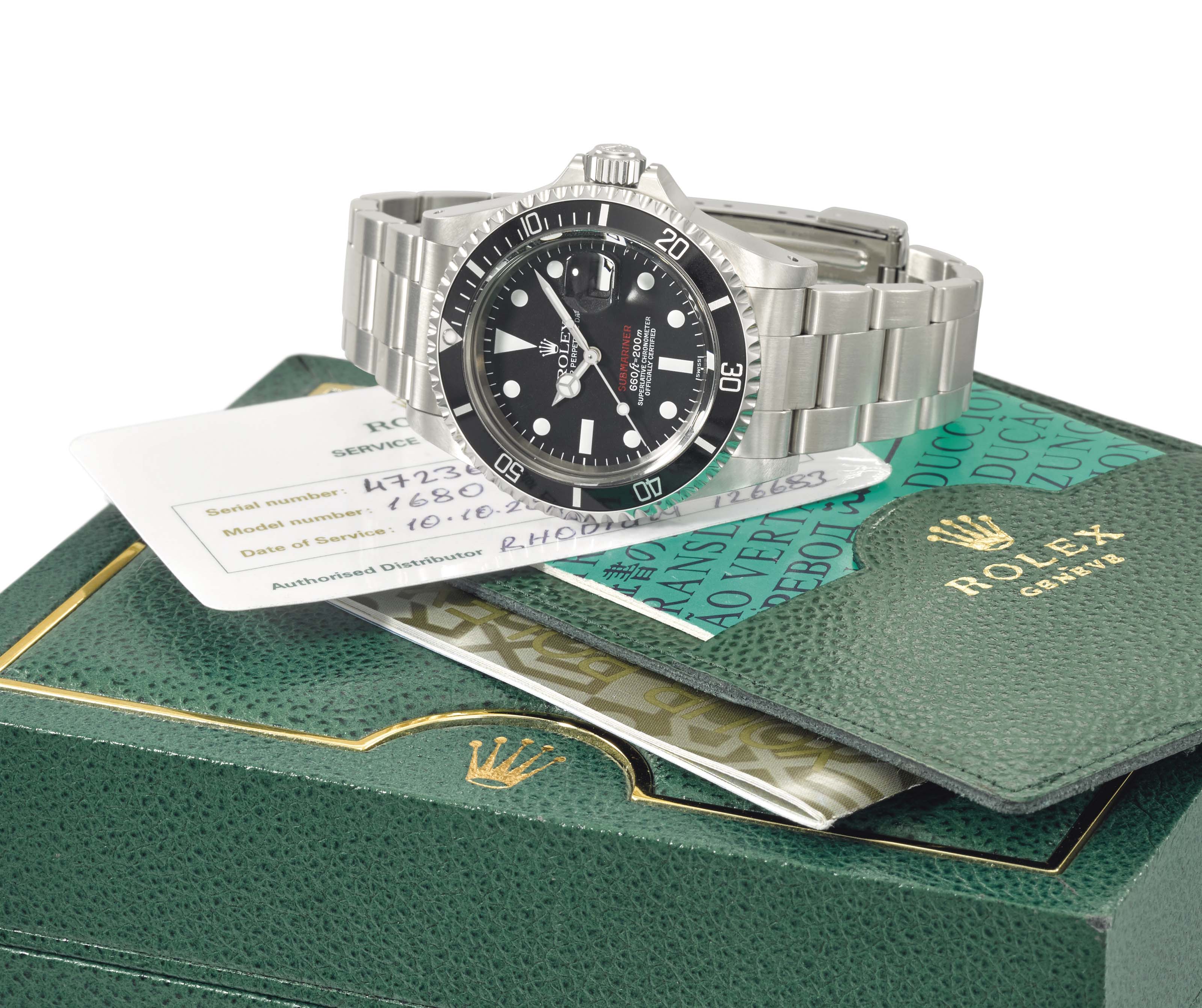Rolex A Fine And Stainless Steel Automatic Diver S Wristwatch With Sweep Centre Seconds Date Bracelet And Box Signed Rolex Oyster Perpetual Date Submariner 660ft 200m Ref 1680 Case No 4 723 635
