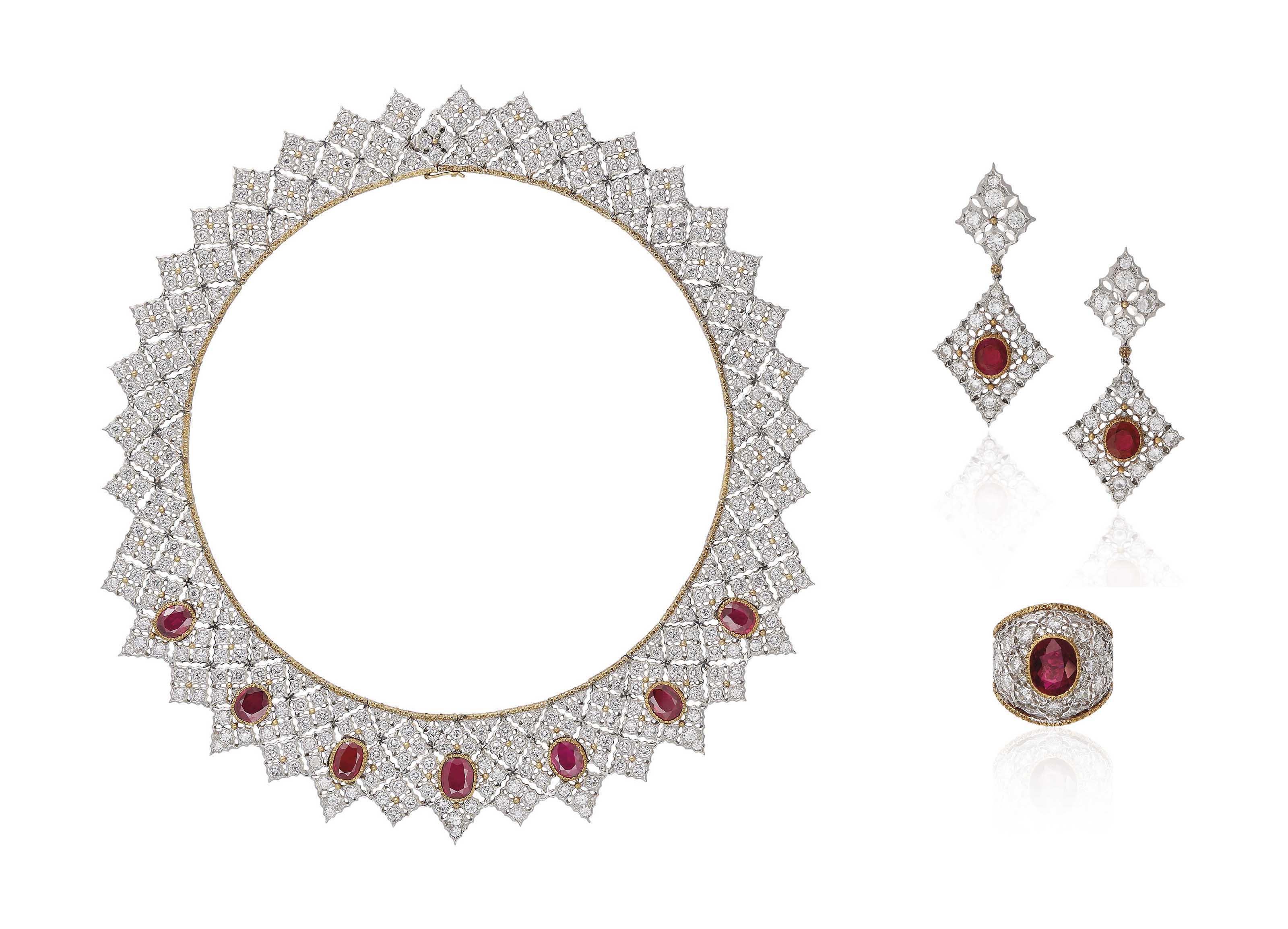 A RUBY AND DIAMOND NECKLACE, RING AND EARRING SUITE, BY MARIO BU