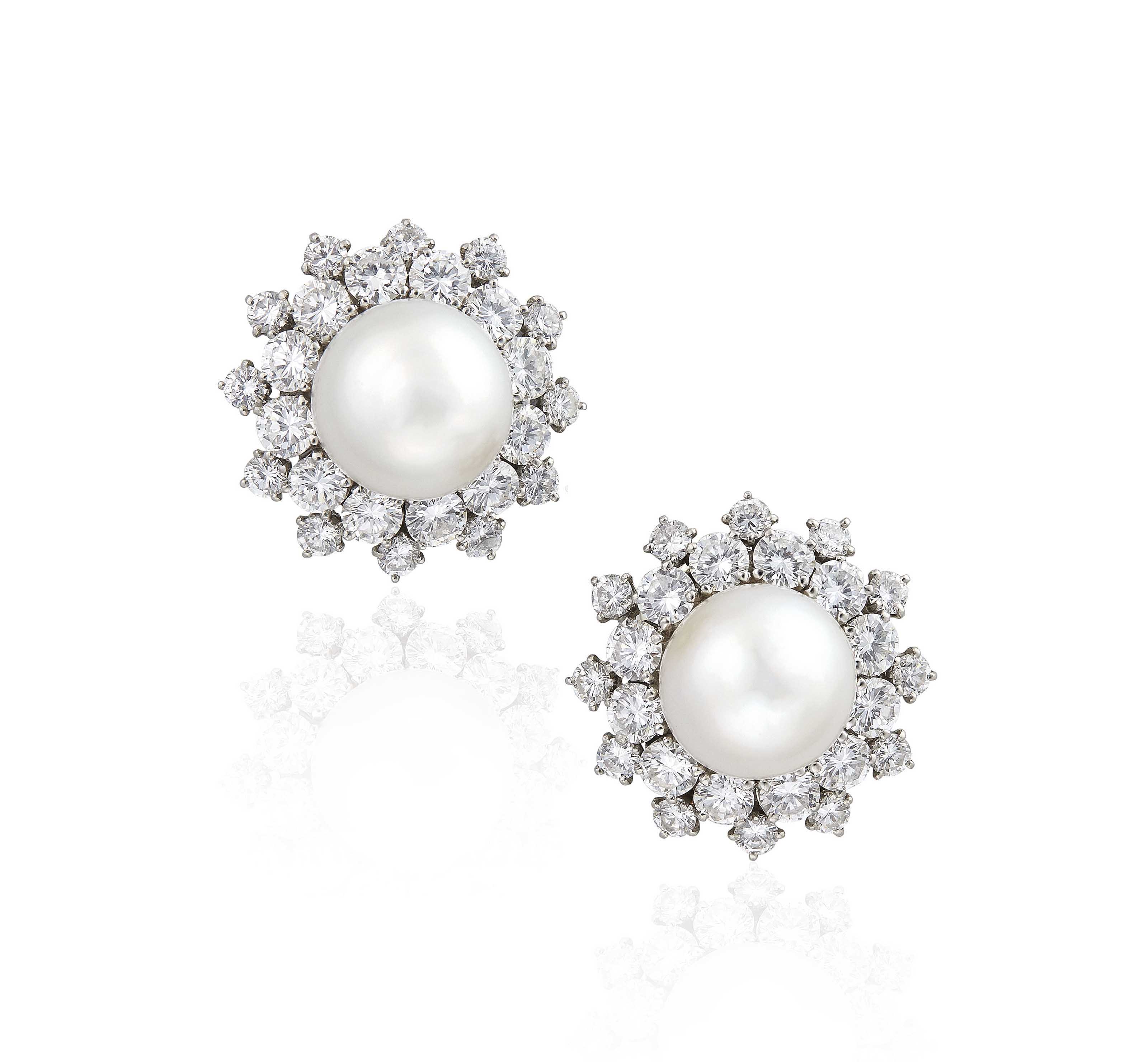 A PAIR OF CULTURED PEARL AND DIAMOND EARRINGS, BY VAN CLEEF & ARPELS
