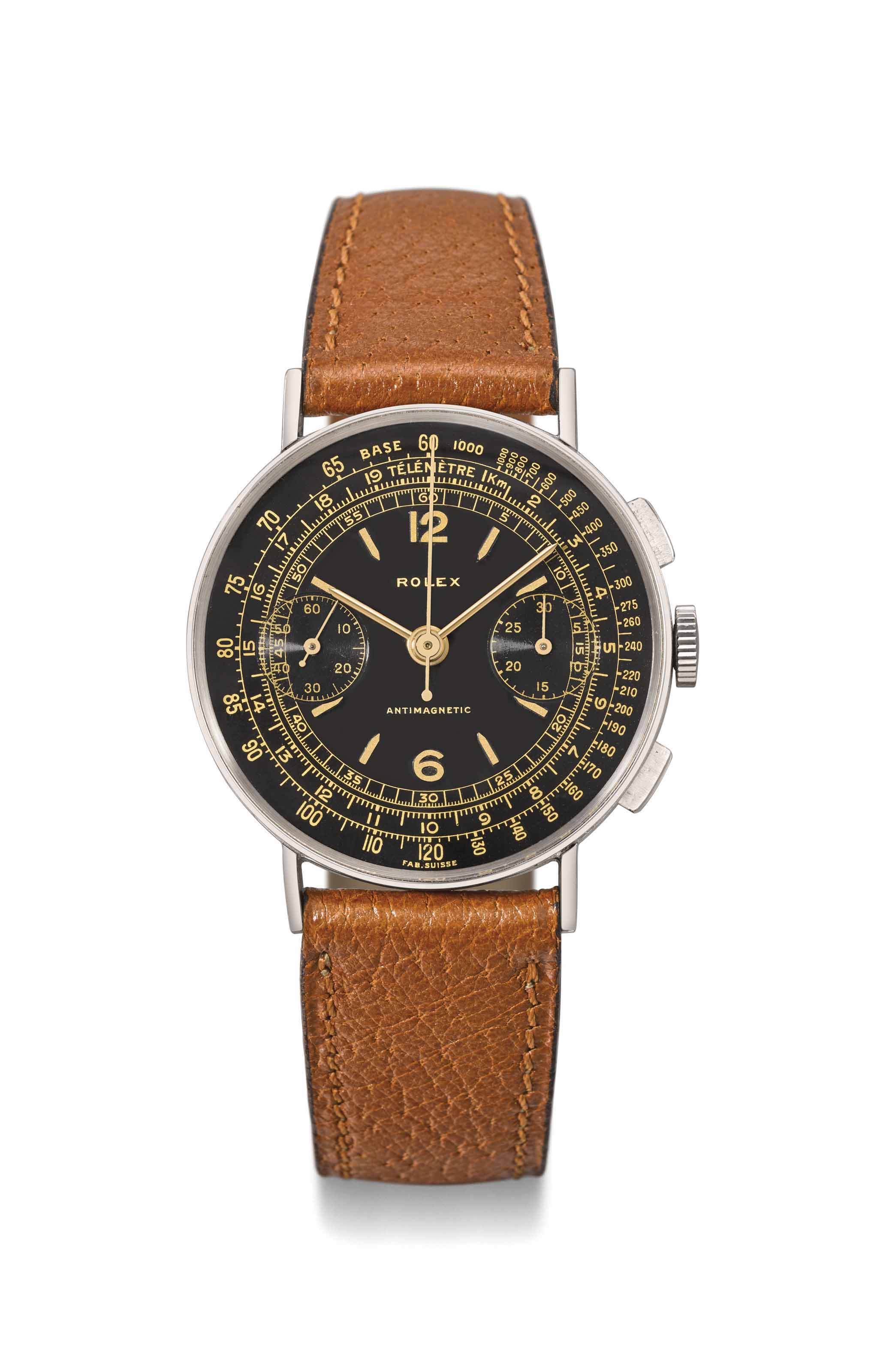 Rolex. A very rare and attractive stainless steel chronograph wristwatch with black dial gilt printing tachymetre and telemetre scales Signed Rolex Antimagnetic Ref. 3484 Case No. 039 554 circa 1940 C...
