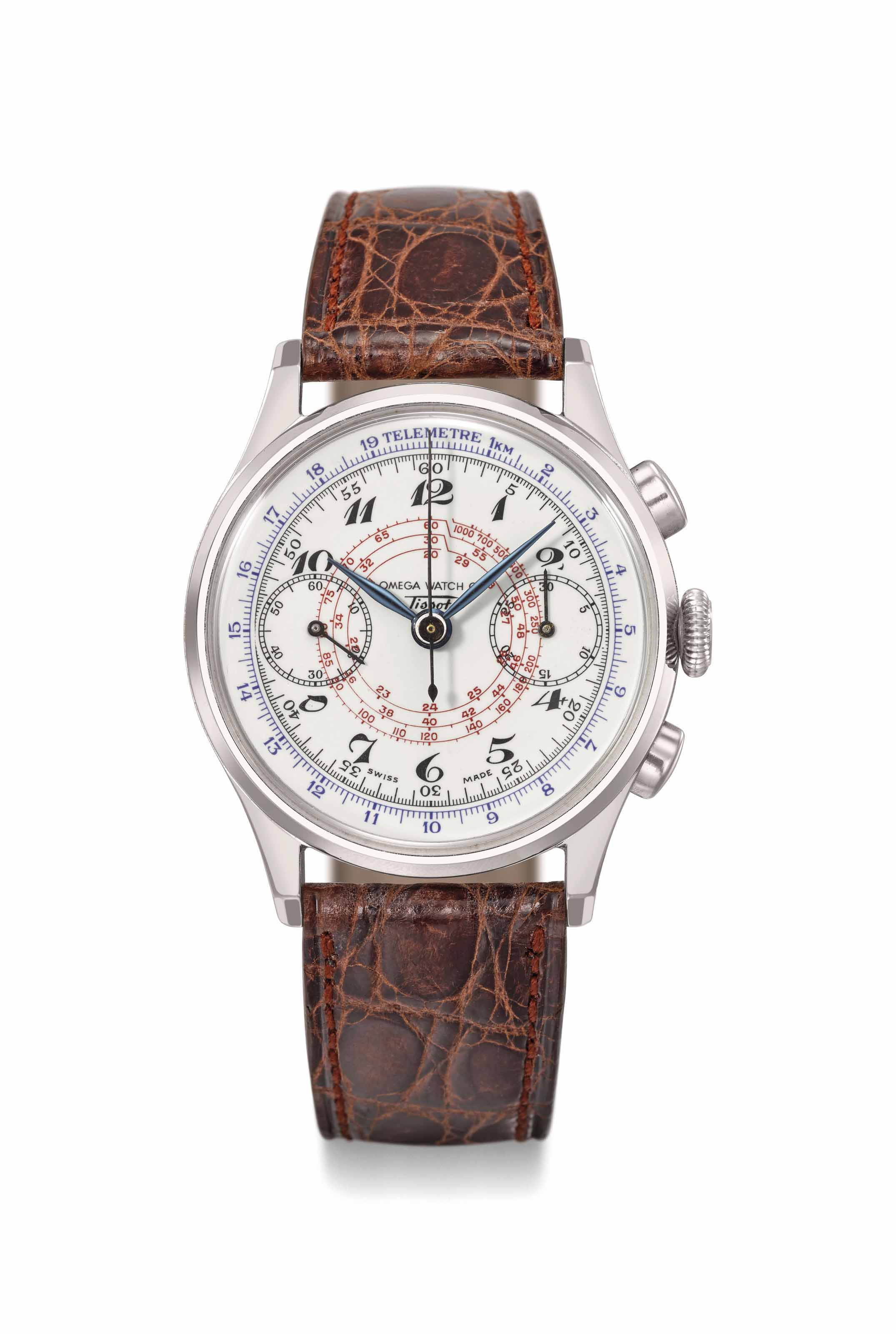 Omega Watch Co. Tissot. A fine and very rare stainless steel chronograph wristwatch with enamel multi scale dial and Breguet numerals Signed Omega Watch Co. Tissot ref. 6201 2 movement no. 1 653 487 c...