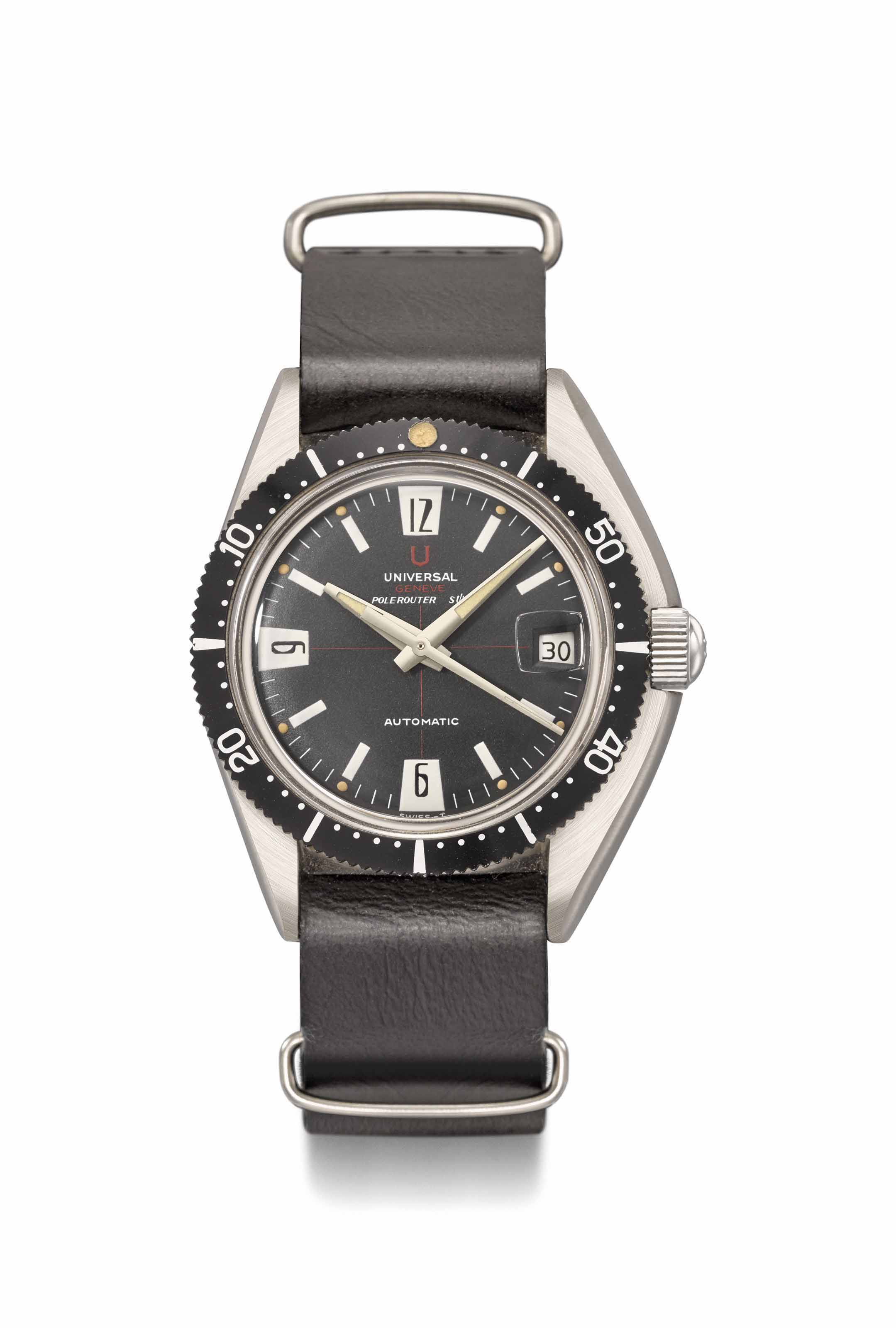 Universal. A rare stainless steel asymmetrical automatic diver s wristwatch with sweep centre seconds and date Signed Universal Geneve Polerouter Sub Automatic ref. 869116 01 case no. 2 503 083 manufa...