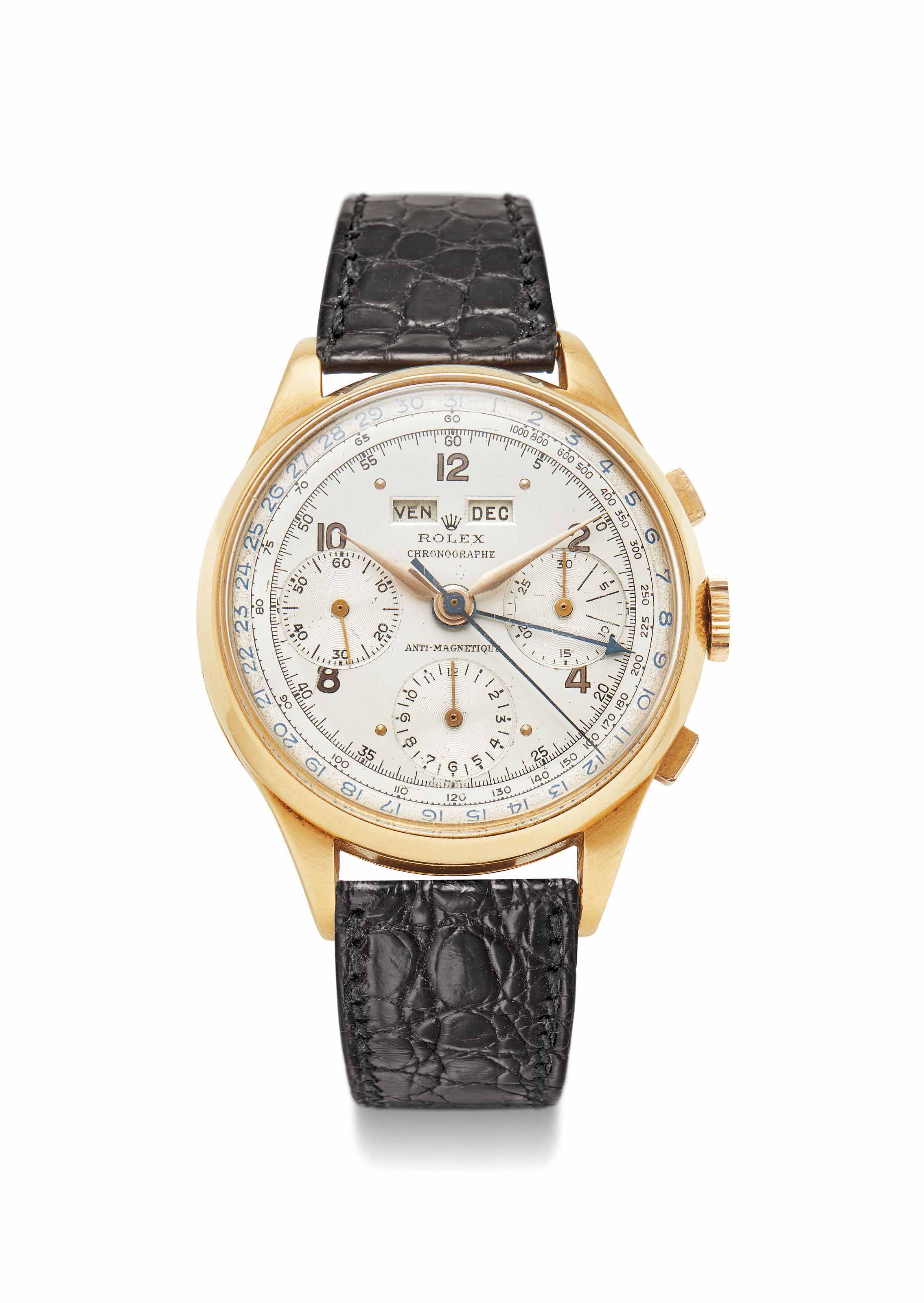 ROLEX. A VERY RARE AND ATTRACTIVE 18K GOLD CHRONOGRAPH WRISTWATCH