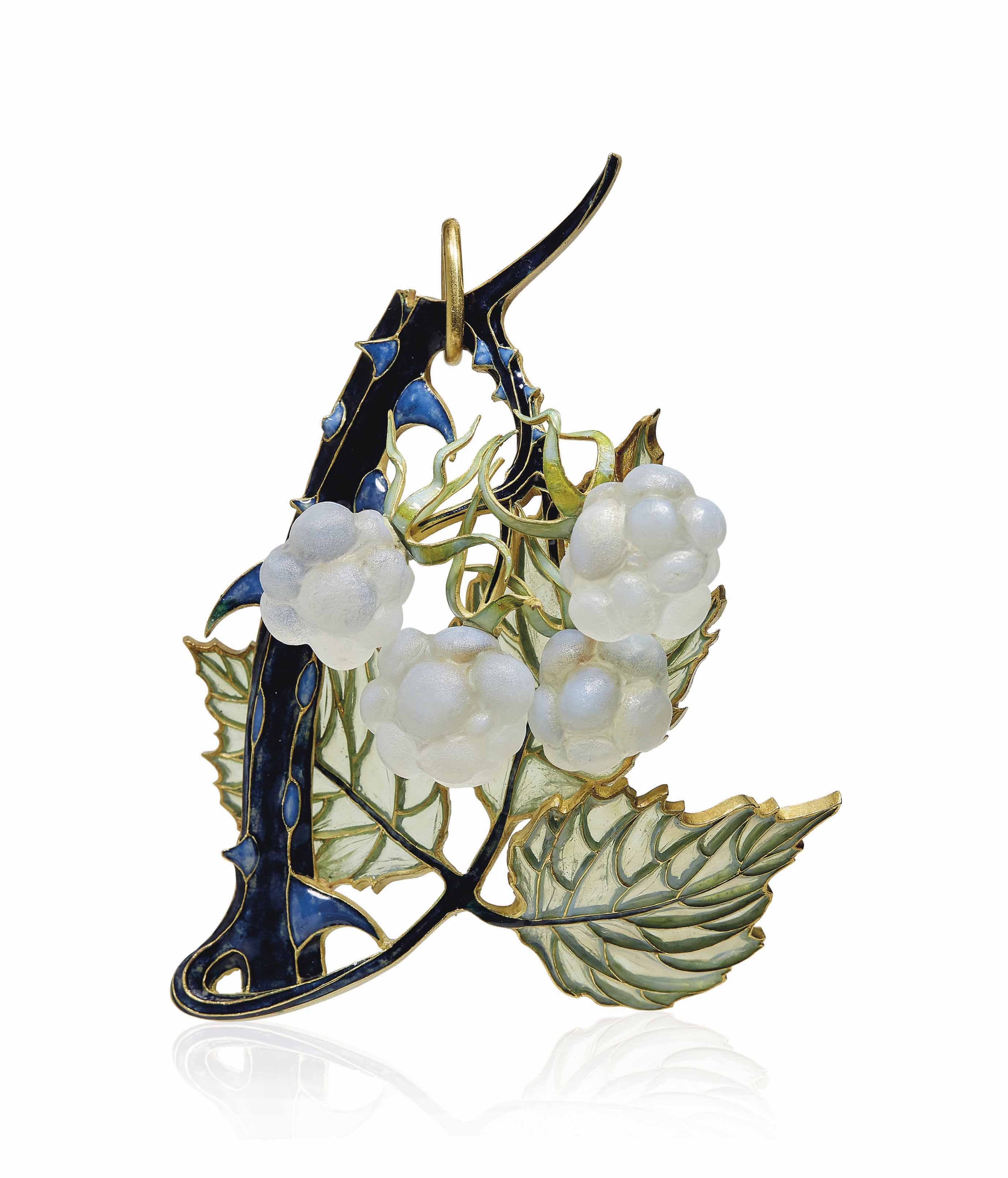 
An Art Nouveau enamel and glass 'raspberry' pendant, by Ren&eacute; Lalique, 1902. This lot was offered in&nbsp;Beyond Boundaries: Magnificent Jewels from a European Collection&nbsp;on 13 November 2017 at Christie&rsquo;s in Geneva&nbsp;and sold for CHF 348,500